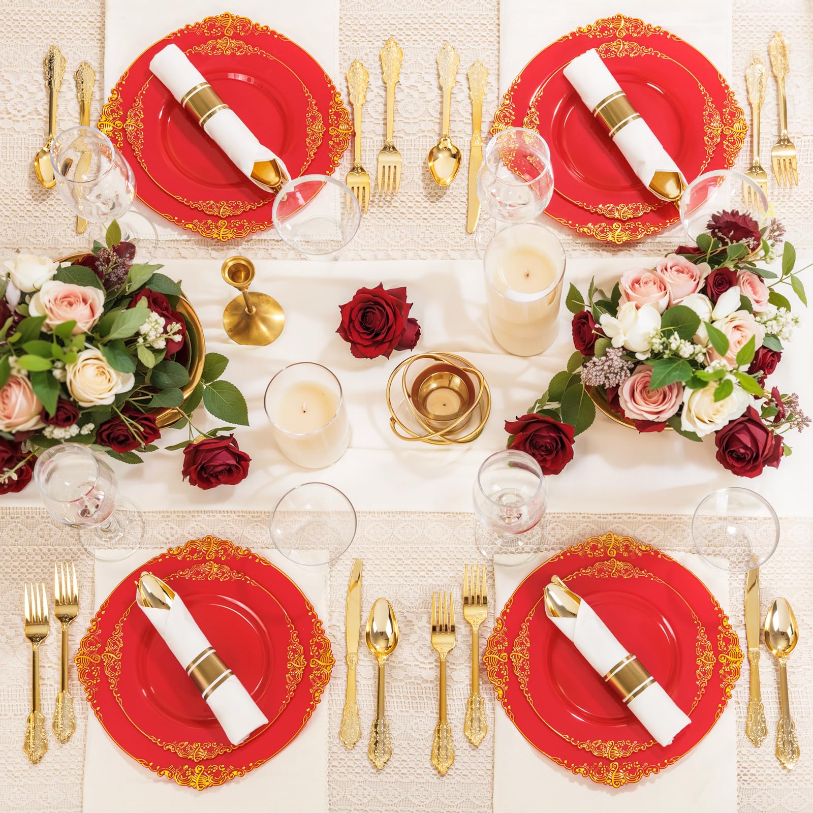 Nervure 350PCS Red Plastic Plates - Red Gold Plastic Dinnerware Sets for 50 Guests - 100 Gold Disposable Plates, 50 Pre Rolled Silverware Sets, 50 Cups Perfect for Wedding & Party & Christmas - Image 6
