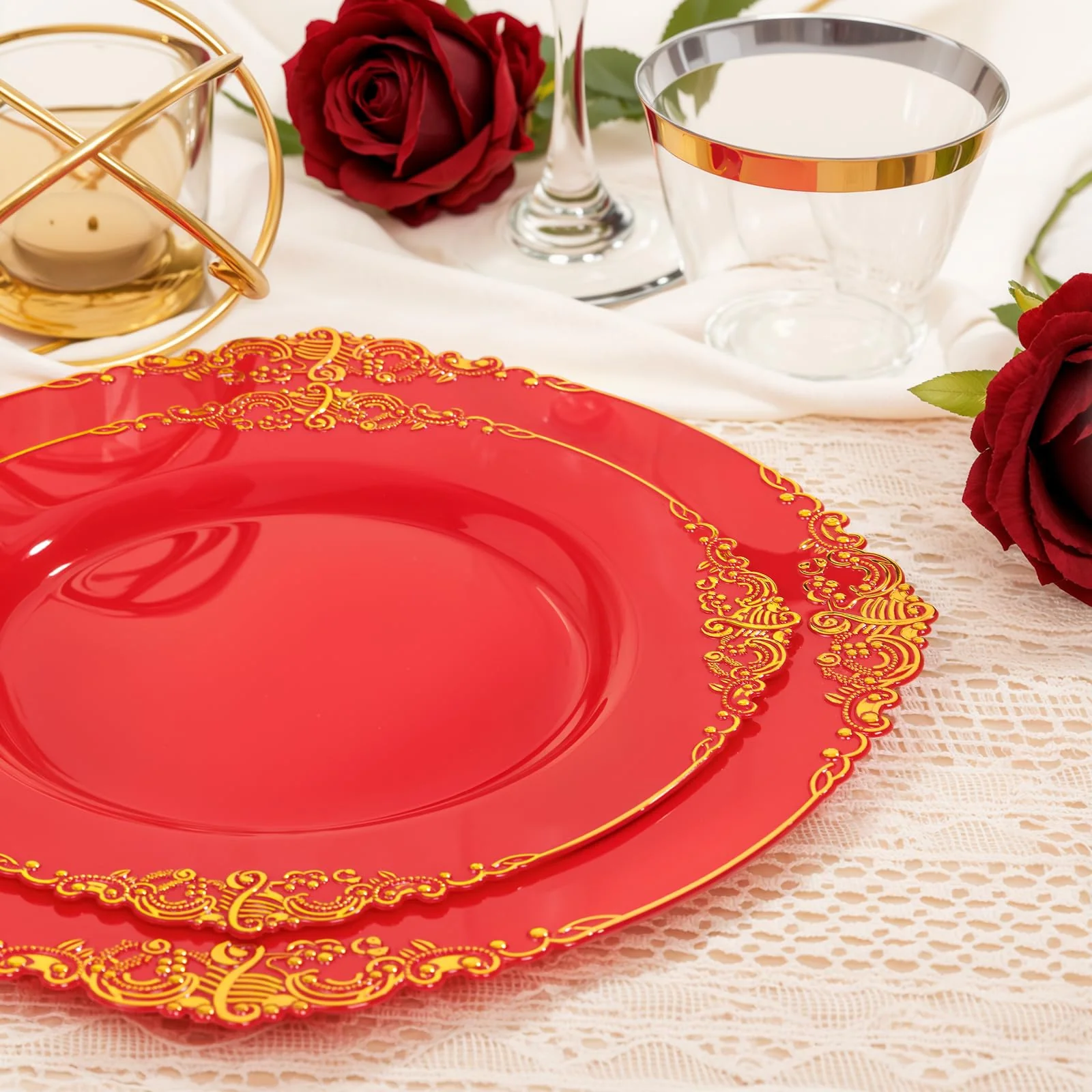 Nervure 350PCS Red Plastic Plates - Red Gold Plastic Dinnerware Sets for 50 Guests - 100 Gold Disposable Plates, 50 Pre Rolled Silverware Sets, 50 Cups Perfect for Wedding & Party & Christmas - Image 9