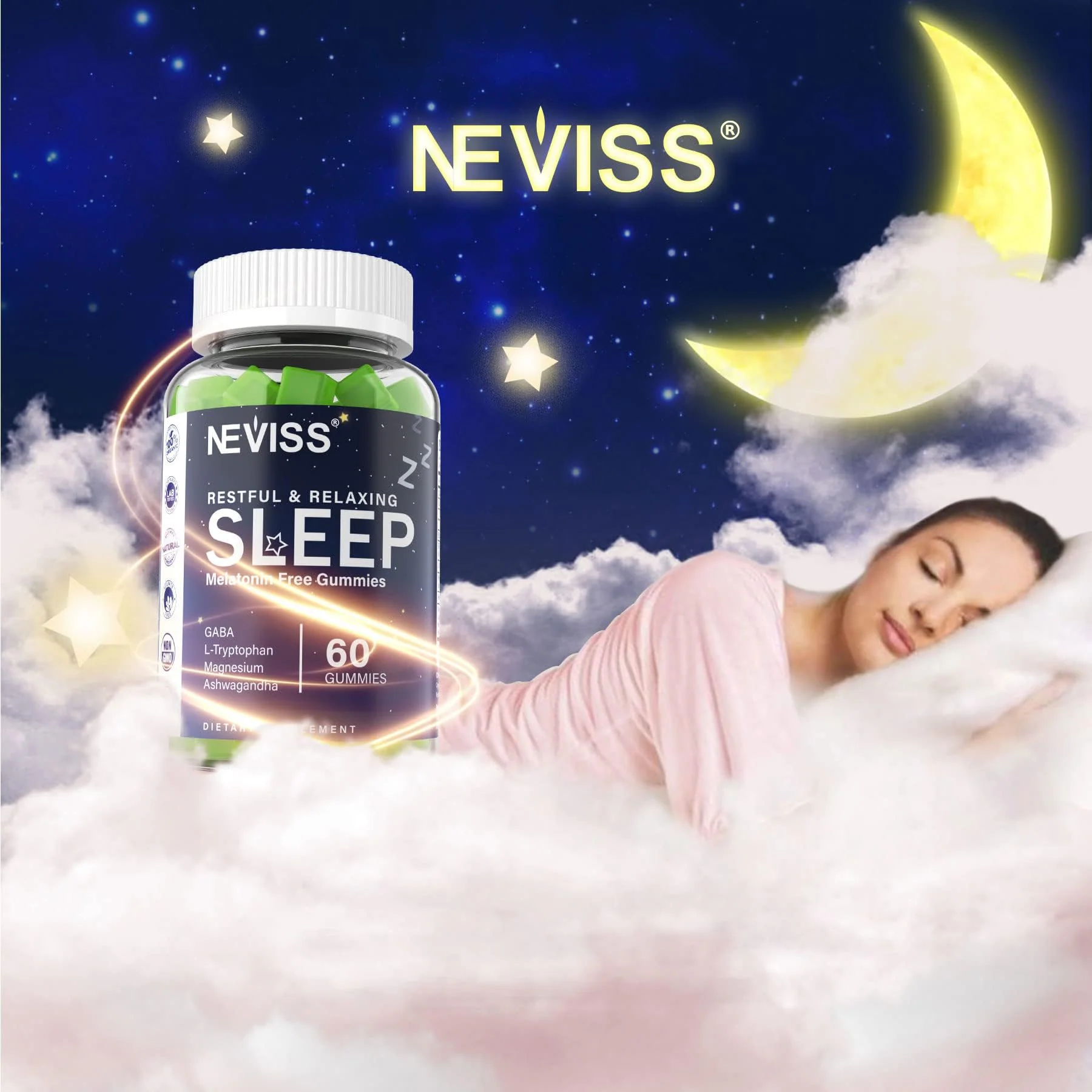 NEVISS Melatonin Free Sleep Aid Gummies for Adults - Magnesium Glycinate Gummies | GABA, L-Tryptophan, Magnesium, Ashwagandha - Non-Habit Forming, Help for Deep Relaxation - Vegan, Lemon Flavor, 2Pack - Image 2