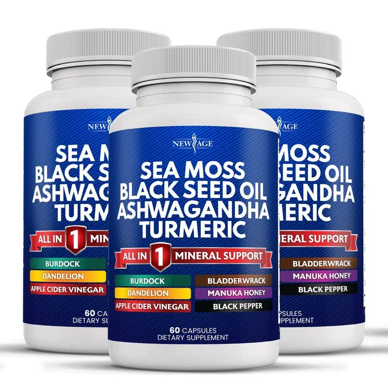 New Age Sea Moss 3000mg Black Seed Oil 2000mg Ashwagandha 1000mg Turmeric 1000mg Bladderwrack 1000mg Burdock 1000mg- with Manuka, Honey Dandelion, ACV Black Pepper Gluten Free Healthcare Supplement Dietary Edible - Size: 5 Bottles - Image 10