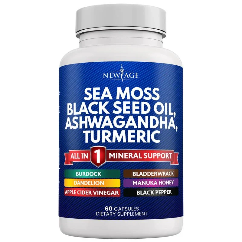 New Age Sea Moss 3000mg Black Seed Oil 2000mg Ashwagandha 1000mg Turmeric 1000mg Bladderwrack 1000mg Burdock 1000mg- with Manuka, Honey Dandelion, ACV Black Pepper Gluten Free Healthcare Supplement Dietary Edible - Size: 5 Bottles - Image 4