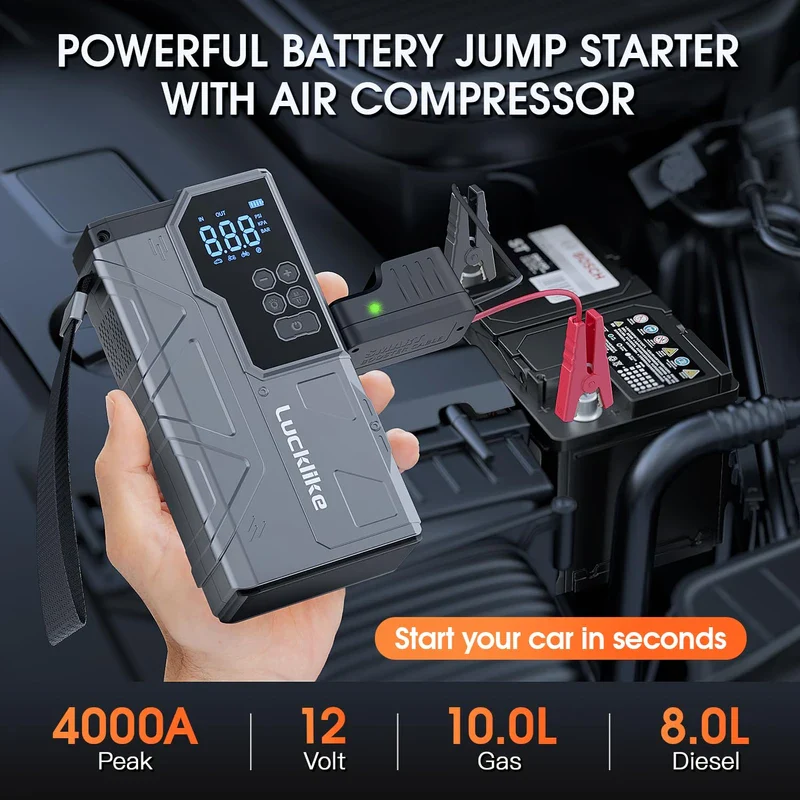 【New】 Lucklike Jump Starter with Air Compressor, 4000A Portable Car Battery Jumper Starter Pack for 10L Gas and 8L Diesel, Tire Inflator with Presssure Detection, 12V Jump Box with 3 Modes Flashlight - Image 3