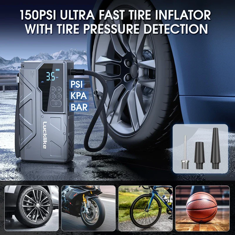 【New】 Lucklike Jump Starter with Air Compressor, 4000A Portable Car Battery Jumper Starter Pack for 10L Gas and 8L Diesel, Tire Inflator with Presssure Detection, 12V Jump Box with 3 Modes Flashlight - Image 4