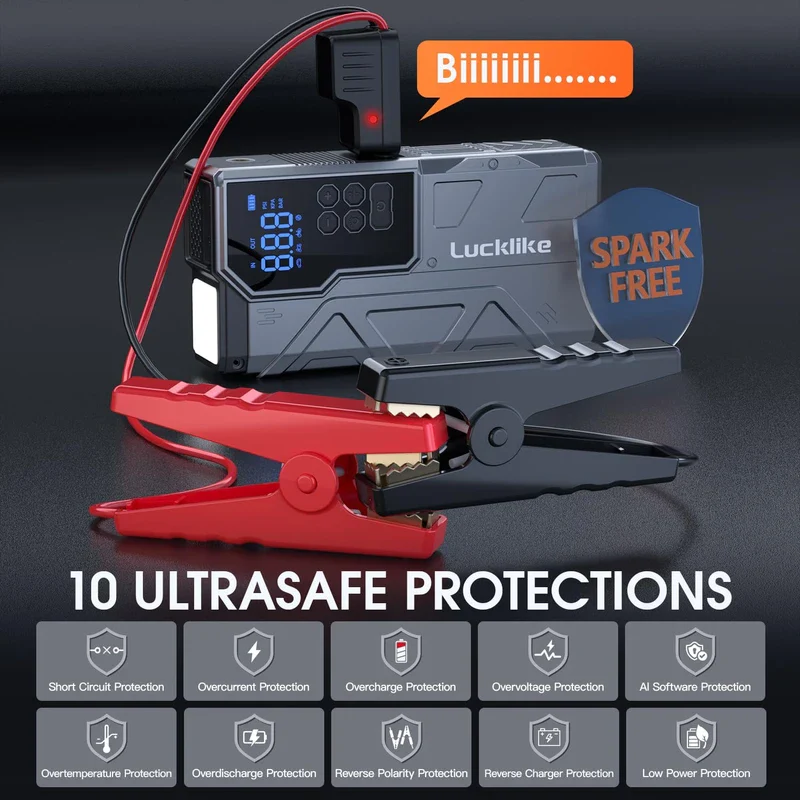 【New】 Lucklike Jump Starter with Air Compressor, 4000A Portable Car Battery Jumper Starter Pack for 10L Gas and 8L Diesel, Tire Inflator with Presssure Detection, 12V Jump Box with 3 Modes Flashlight - Image 7