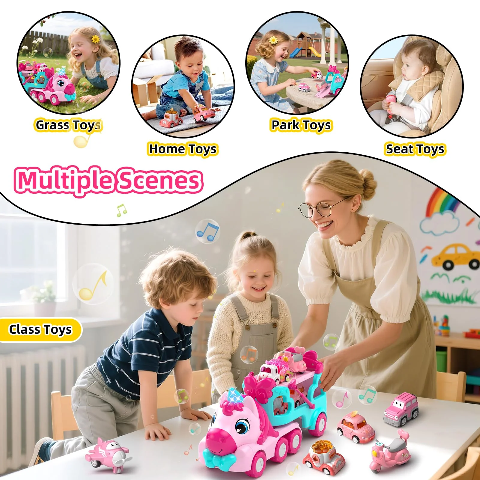newcrave 7 in 1 Carrier Truck Cars Toys for 1 2 3 Year Old Girls, Toddlers Girl Toy with 6 Mini Cars, Princess Girl Car Toys Age 1 2 with Light & Music, 2+ Year Old Girls Gifts for Christmas Birthday - Image 2