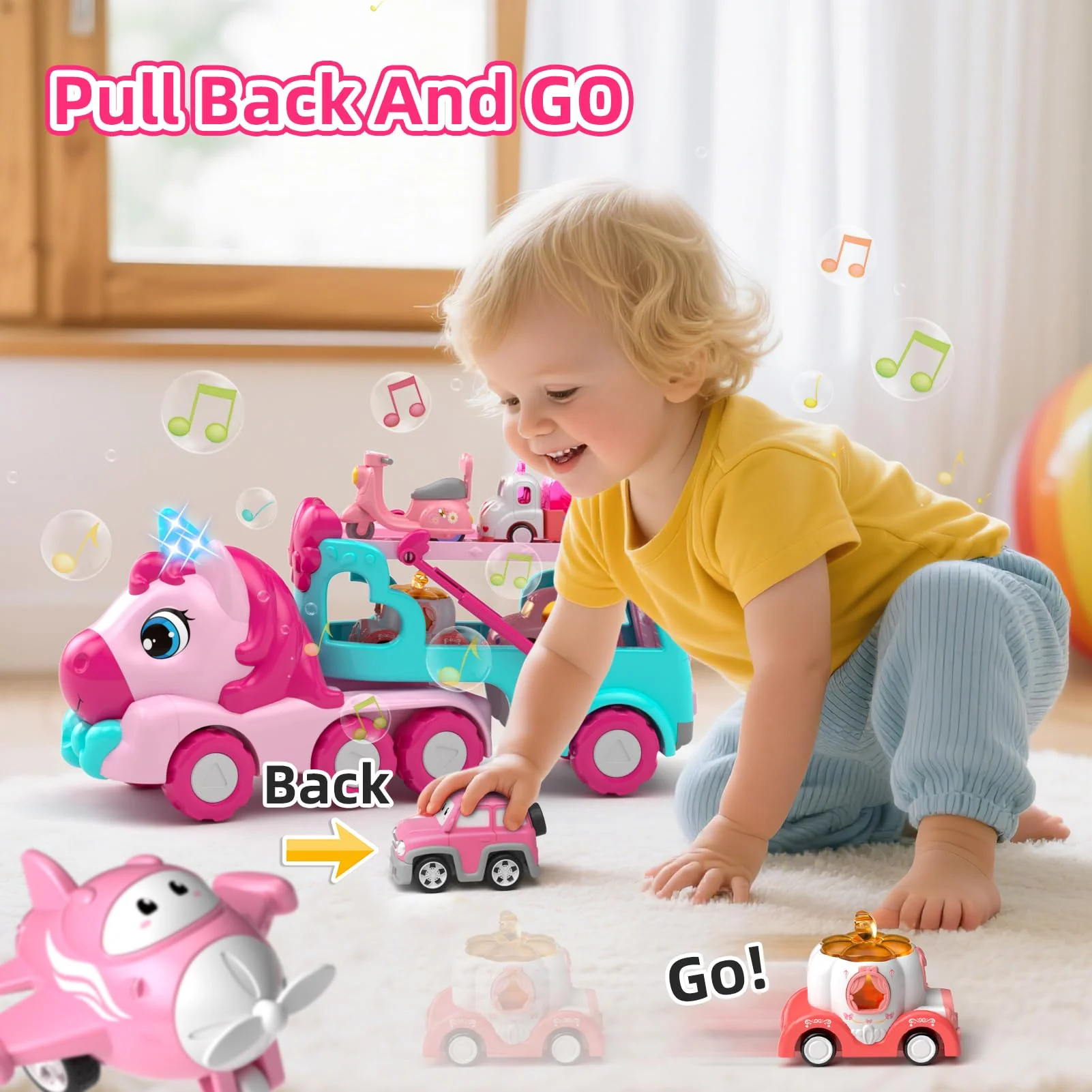 newcrave 7 in 1 Carrier Truck Cars Toys for 1 2 3 Year Old Girls, Toddlers Girl Toy with 6 Mini Cars, Princess Girl Car Toys Age 1 2 with Light & Music, 2+ Year Old Girls Gifts for Christmas Birthday - Image 3