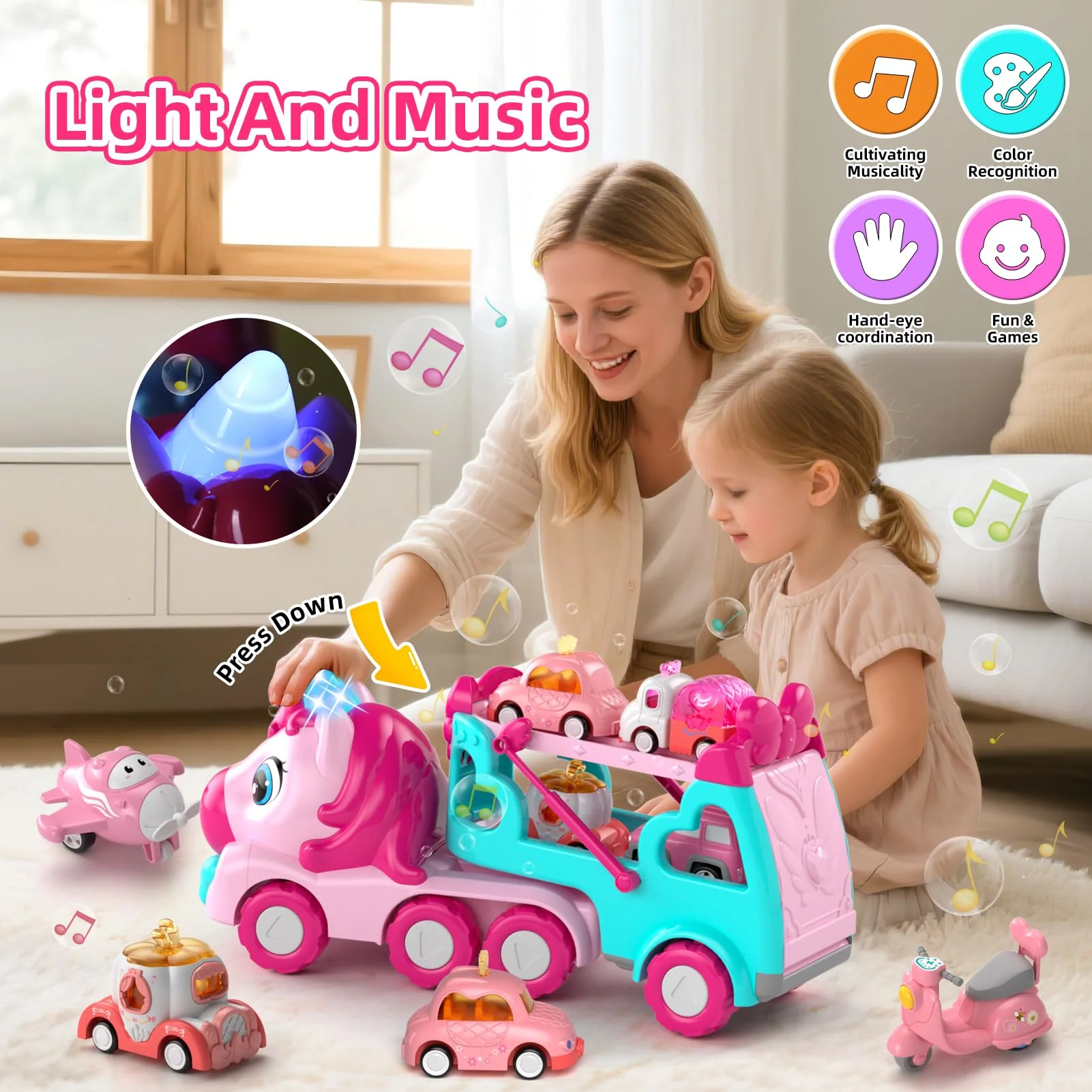 newcrave 7 in 1 Carrier Truck Cars Toys for 1 2 3 Year Old Girls, Toddlers Girl Toy with 6 Mini Cars, Princess Girl Car Toys Age 1 2 with Light & Music, 2+ Year Old Girls Gifts for Christmas Birthday - Image 4