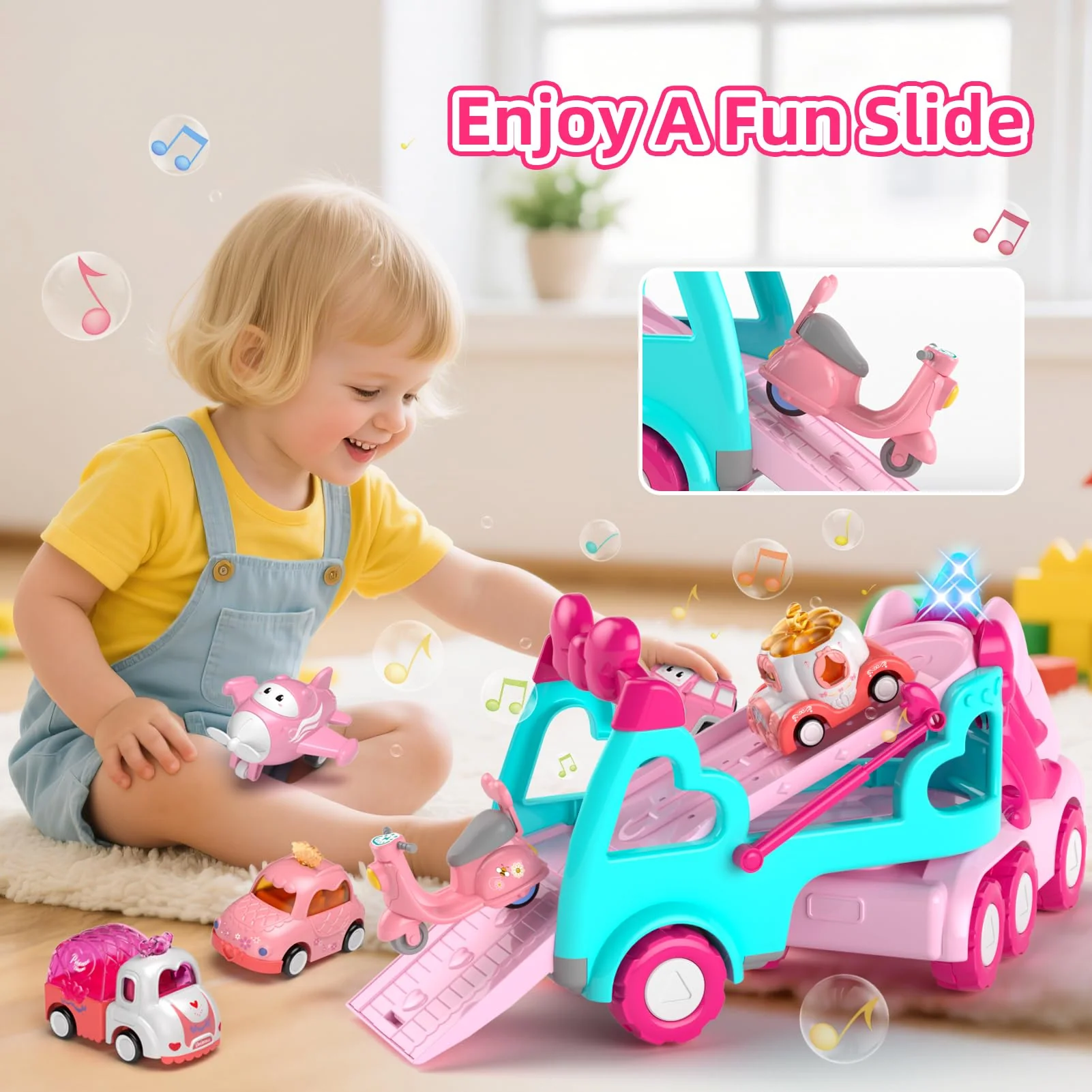 newcrave 7 in 1 Carrier Truck Cars Toys for 1 2 3 Year Old Girls, Toddlers Girl Toy with 6 Mini Cars, Princess Girl Car Toys Age 1 2 with Light & Music, 2+ Year Old Girls Gifts for Christmas Birthday - Image 5