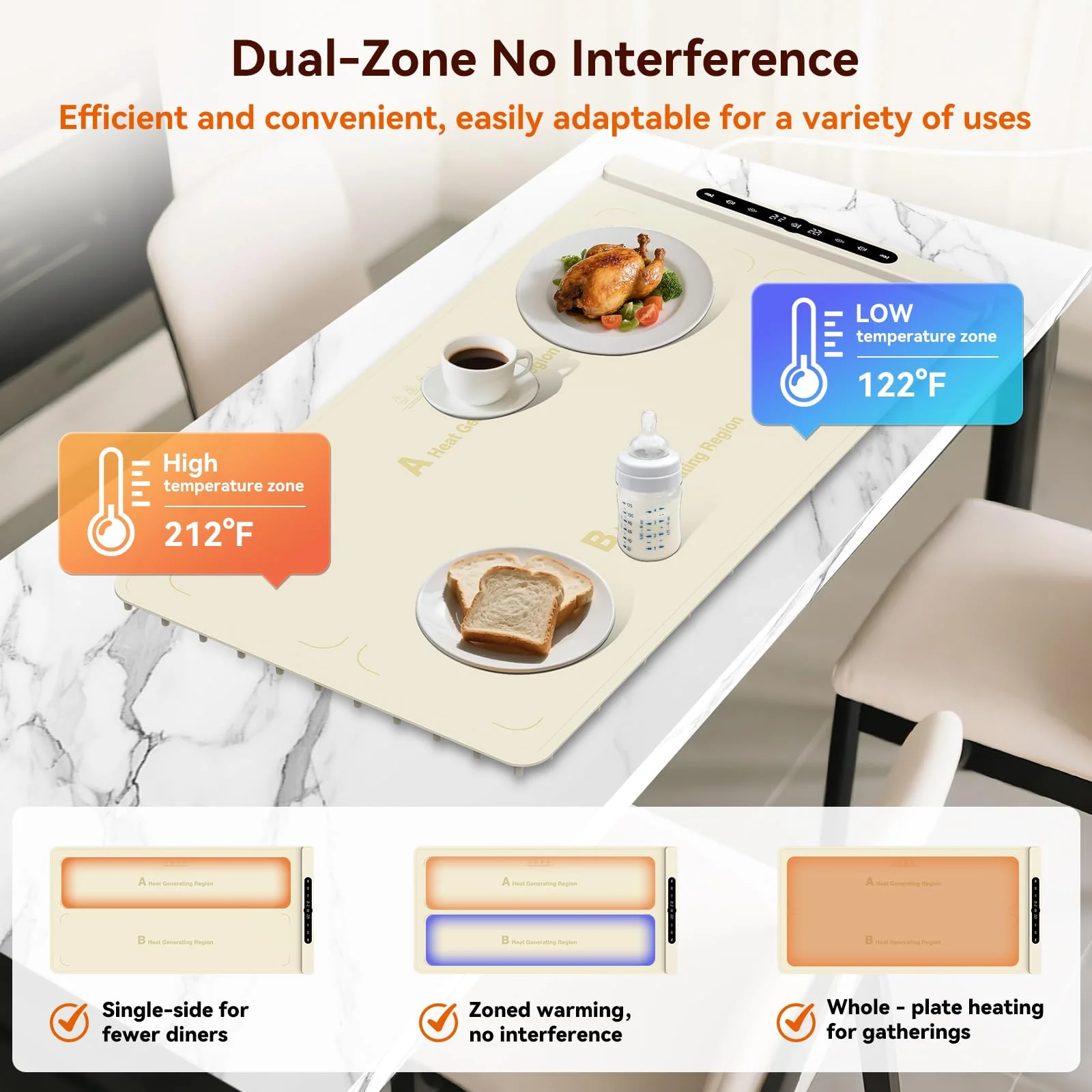 Newise Graphene Warming Mat for Food with Dual Zone Control | XXL 36"x17" Electric Heating Tray | 6 Temp & Timer Settings | Food Warmer for Parties Buffets | Ideal Kitchen Gift for Mom & Wife (Beige) - Image 7