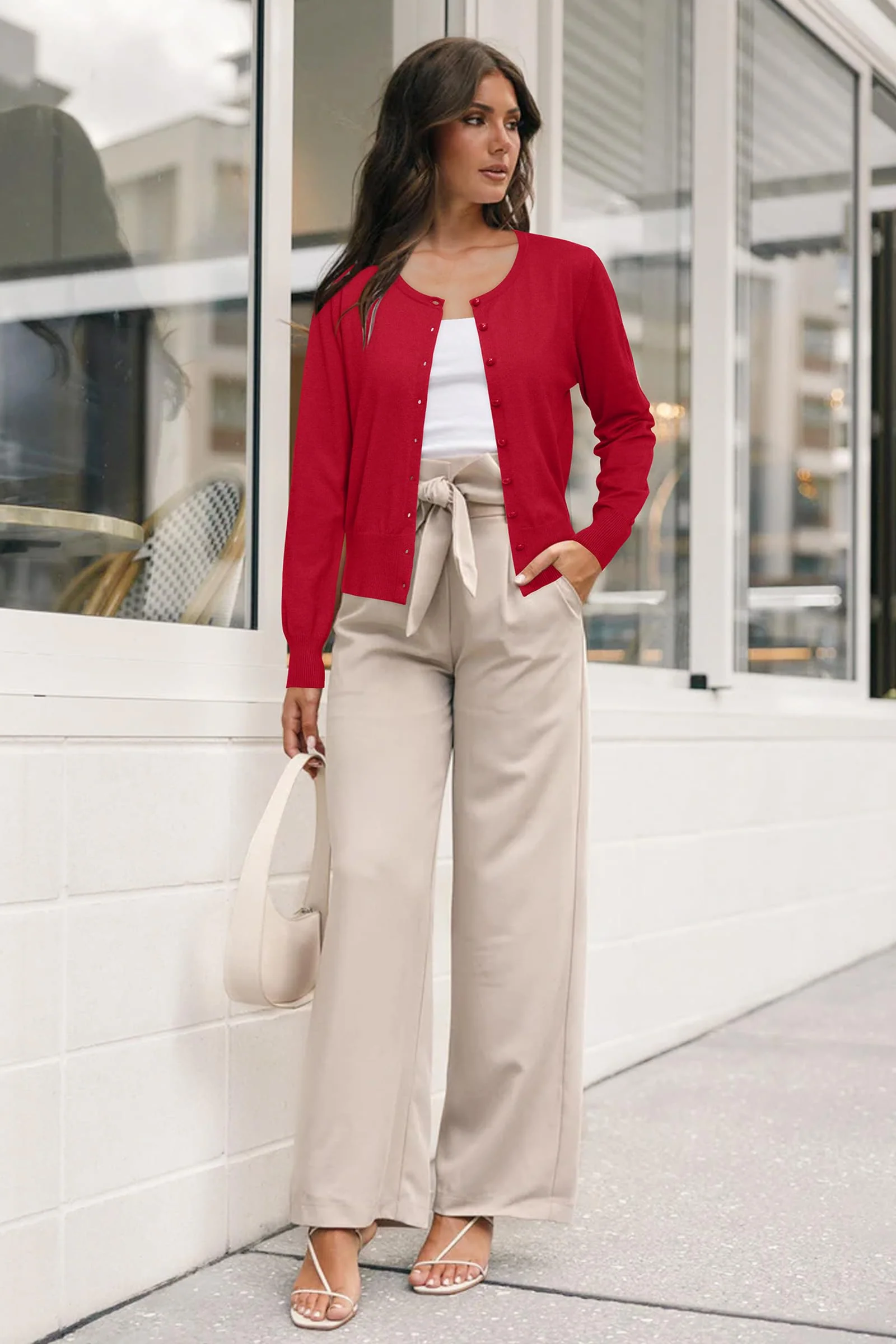 Newshows Women's 2025 Business Cardigan Lightweight Button Down Long Sleeve Casual Crew Neck Soft Knit Fall Cardigan Sweater Christmas Tops(Purplish Red,Medium) - Image 2
