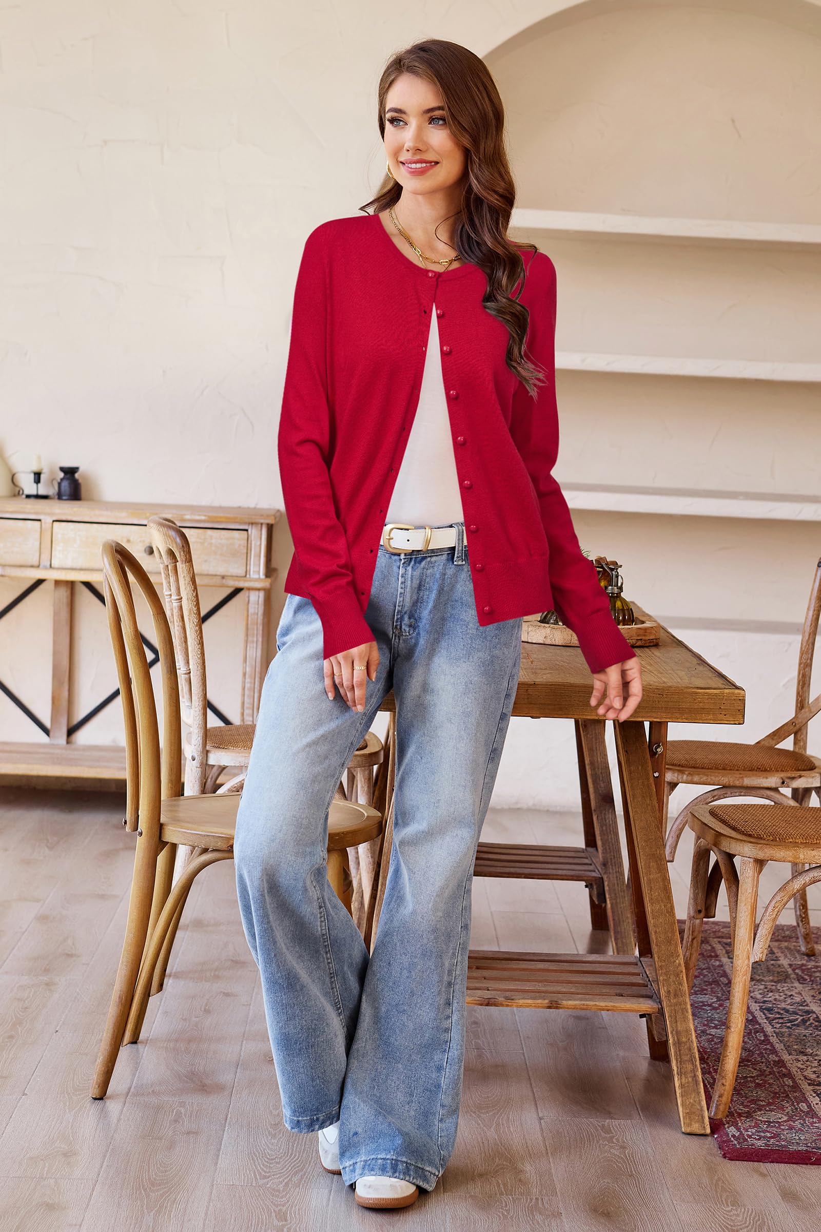 Newshows Women's 2025 Business Cardigan Lightweight Button Down Long Sleeve Casual Crew Neck Soft Knit Fall Cardigan Sweater Christmas Tops(Purplish Red,Medium) - Image 5