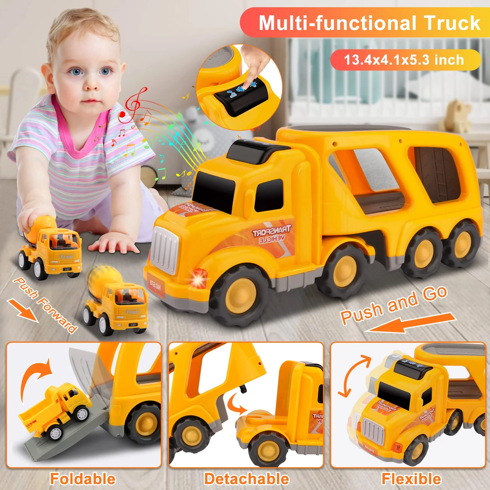 Nicmore Construction Truck Toddler Toys Car: Toys for 1 2 3 4 Year Old Boy 5 in 1 Carrier Toys for Kids Age 1-3 2-4| 18 Months 2 Year Old Boy Christmas Birthday Gifts - Image 4