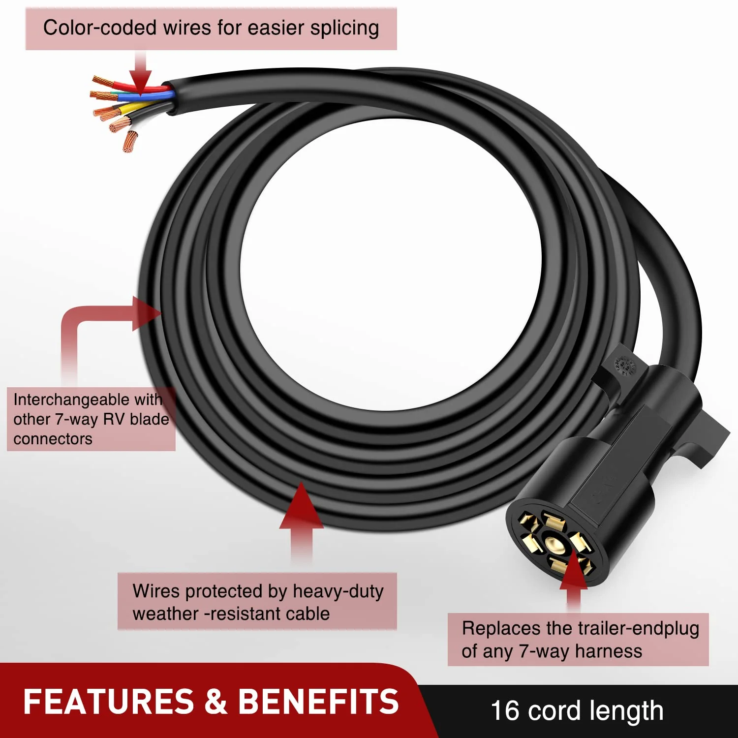 Nilight 16 Feet Heavy Duty 7 Way Plug Inline Trailer Cord 7-Pin Trailer Cord Wire Cable for Truck Camper Blade Molded RV Cable Weatherproof & Corrosion Resistant-16FT - Image 4