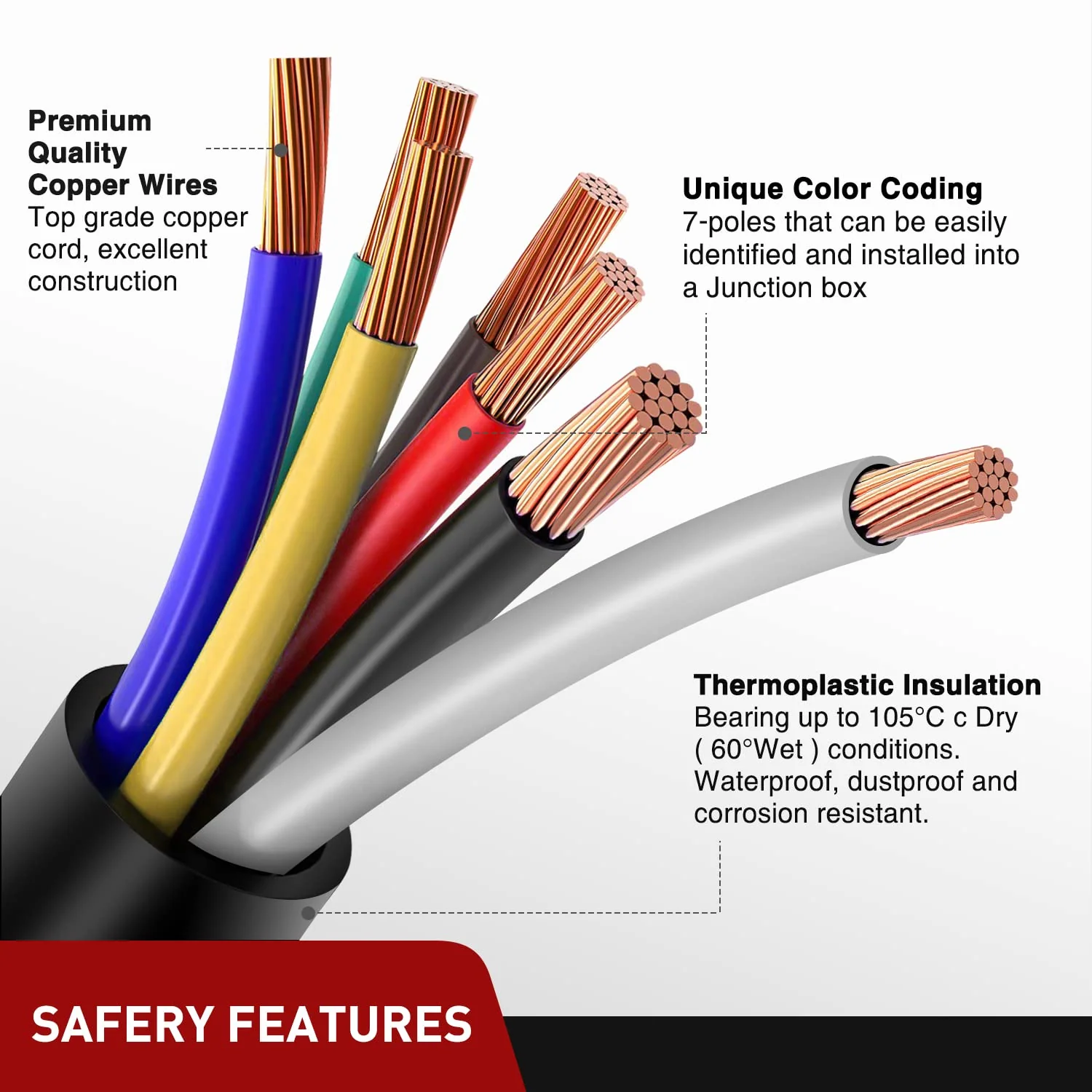 Nilight 16 Feet Heavy Duty 7 Way Plug Inline Trailer Cord 7-Pin Trailer Cord Wire Cable for Truck Camper Blade Molded RV Cable Weatherproof & Corrosion Resistant-16FT - Image 6