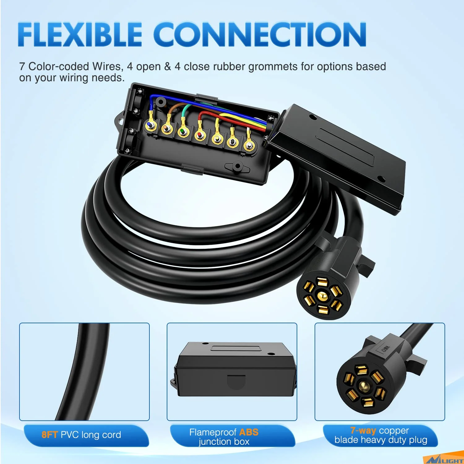 Nilight Heavy Duty 7 Way Inline Trailer Plug 8 Feet Connector Cable 7Pin RV Round Extension Wiring Harness Weatherproof Junction Box for RV Towing Car - Image 4