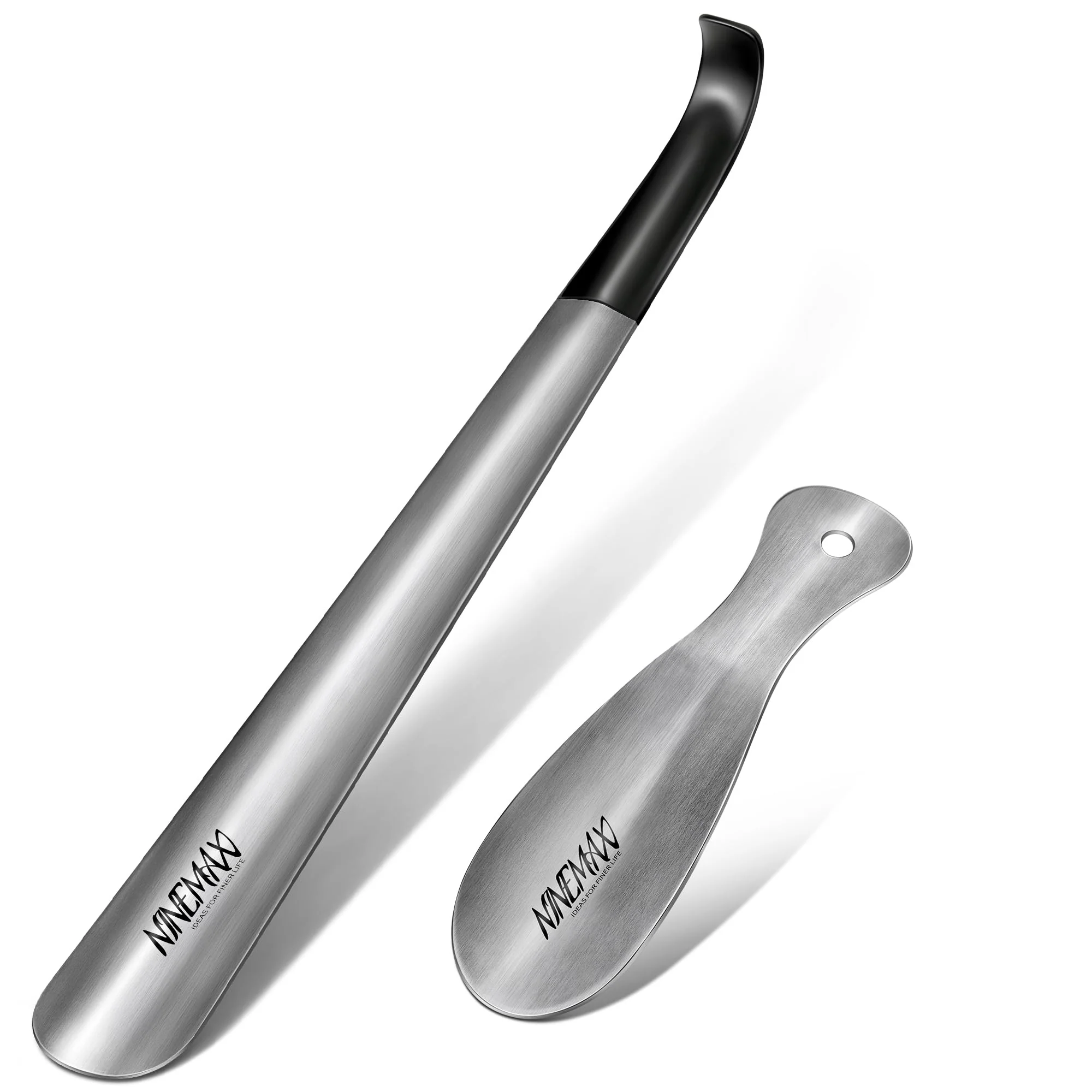 NINEMAX Shoe Horn Long Handle for Seniors Men Women, Metal Long Shoehorn Boot Horn 16.5'', Travel Small Stainless Steel Shoe Spoon Helper for Kids 7.5''