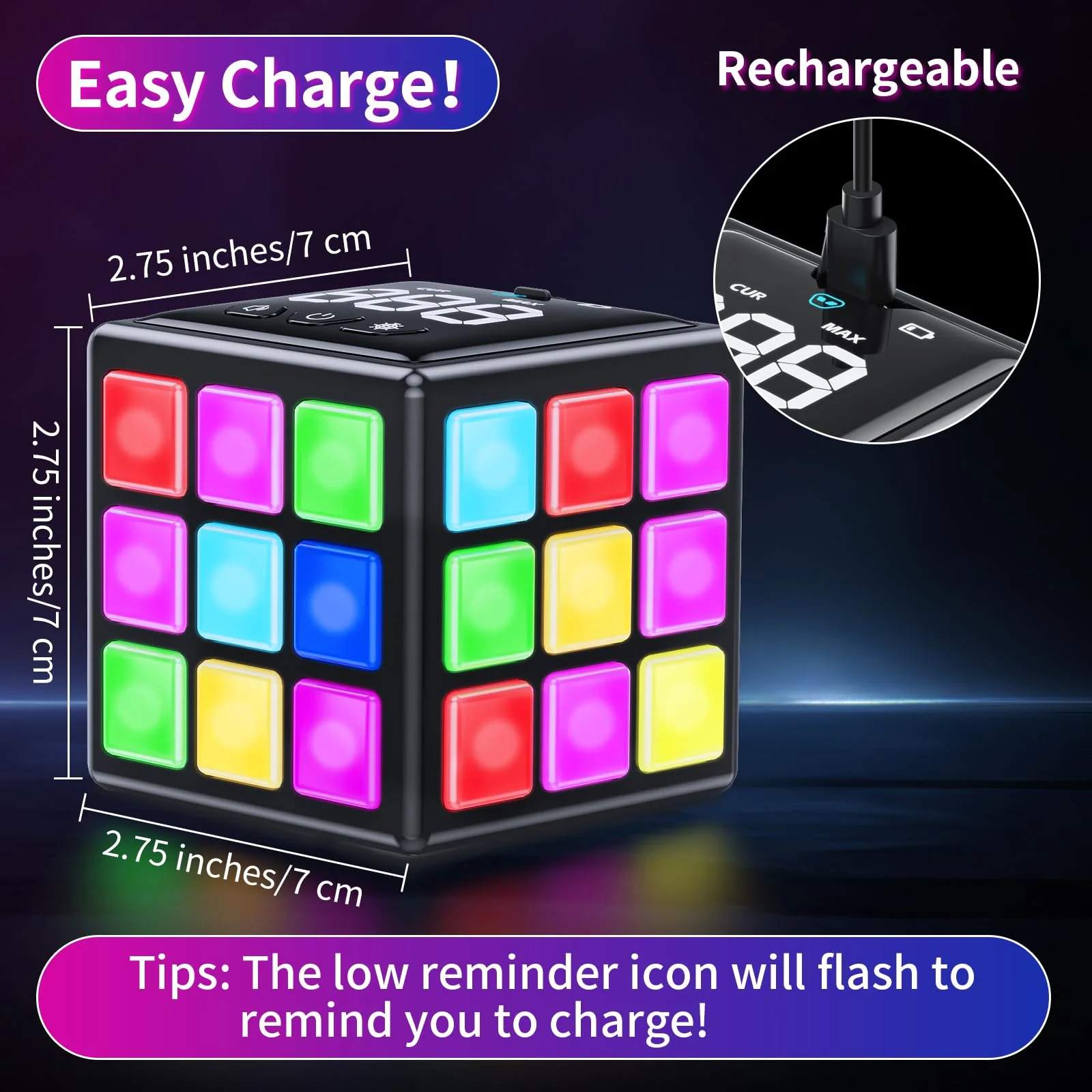 Niufunmal Rechargeable Game Cube - 15-in-1 Fun Brain Memory & Speed Games for Kids - Christmas Easter Birthday Gifts for Boys Girls Ages 6-12+ Years Old - Toys for Kids Teens with Score Screen (Black) - Image 2