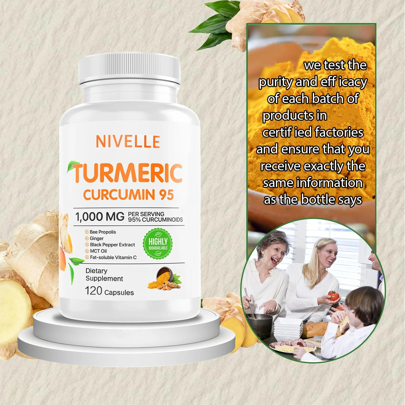 NIVELLE Turmeric Curcumin | Pure Turmeric Curcumin Supplement 1000mg | 95% Curcuminoids with Bee Propolis, Ginger, MCT Oil, Fat Soluble Vitamin C, & Black Pepper | 120 Capsules (1) - Image 2