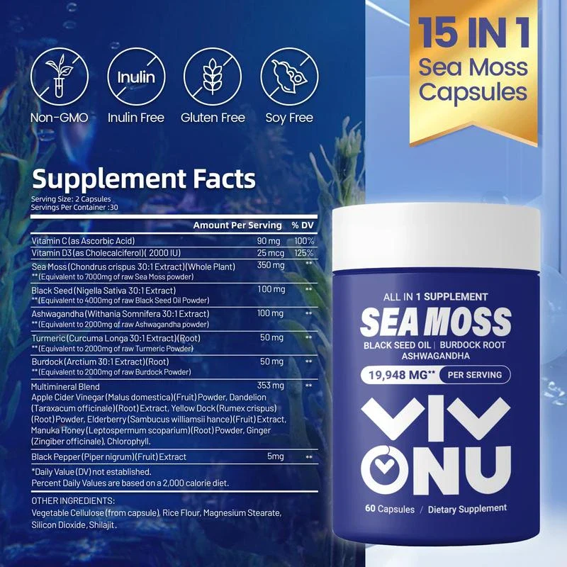 VIVONU Seamoss Ashwagandha - 60 Count - Seamoss 7000mg,Ashwagandha 2000mg, Black Seed Oil 4000mg, Turmeric 2000mg, Burdock Root 2000mg, All in 1 Supplements - Image 2