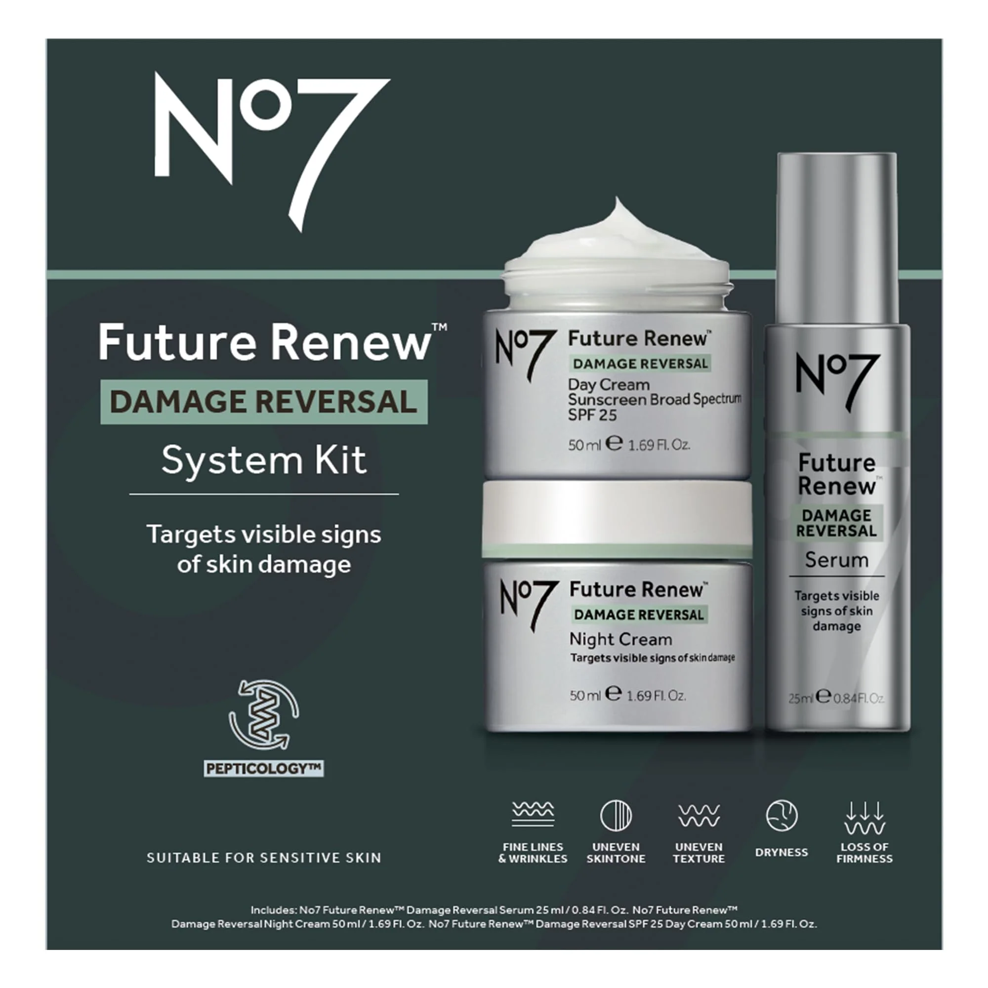 No7 Future Renew Damage Reversal Skincare Set - Anti Aging Face Serum (.33 Fl Oz), Day Cream with SPF 25 (1.69 Fl Oz) & Night Cream (1.69 Fl Oz) - Reverses Visible Signs of Sun Damage - 3-Piece Set - Image 9