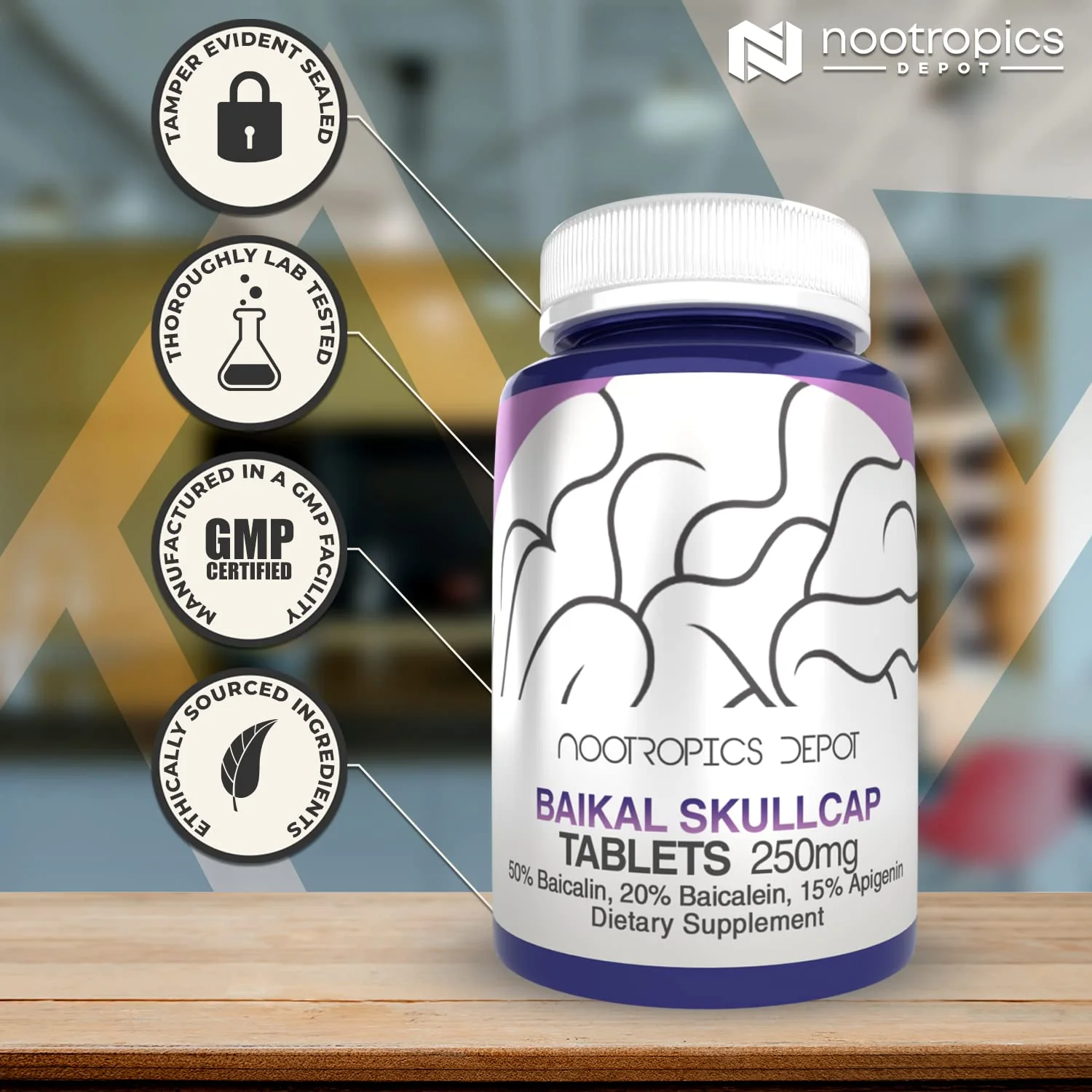 Nootropics Depot Baikal Skullcap Extract Tablets | 250mg | 60 Count | >15% Apigenin, >20% Baicalein, >50% Baicalin - Image 2