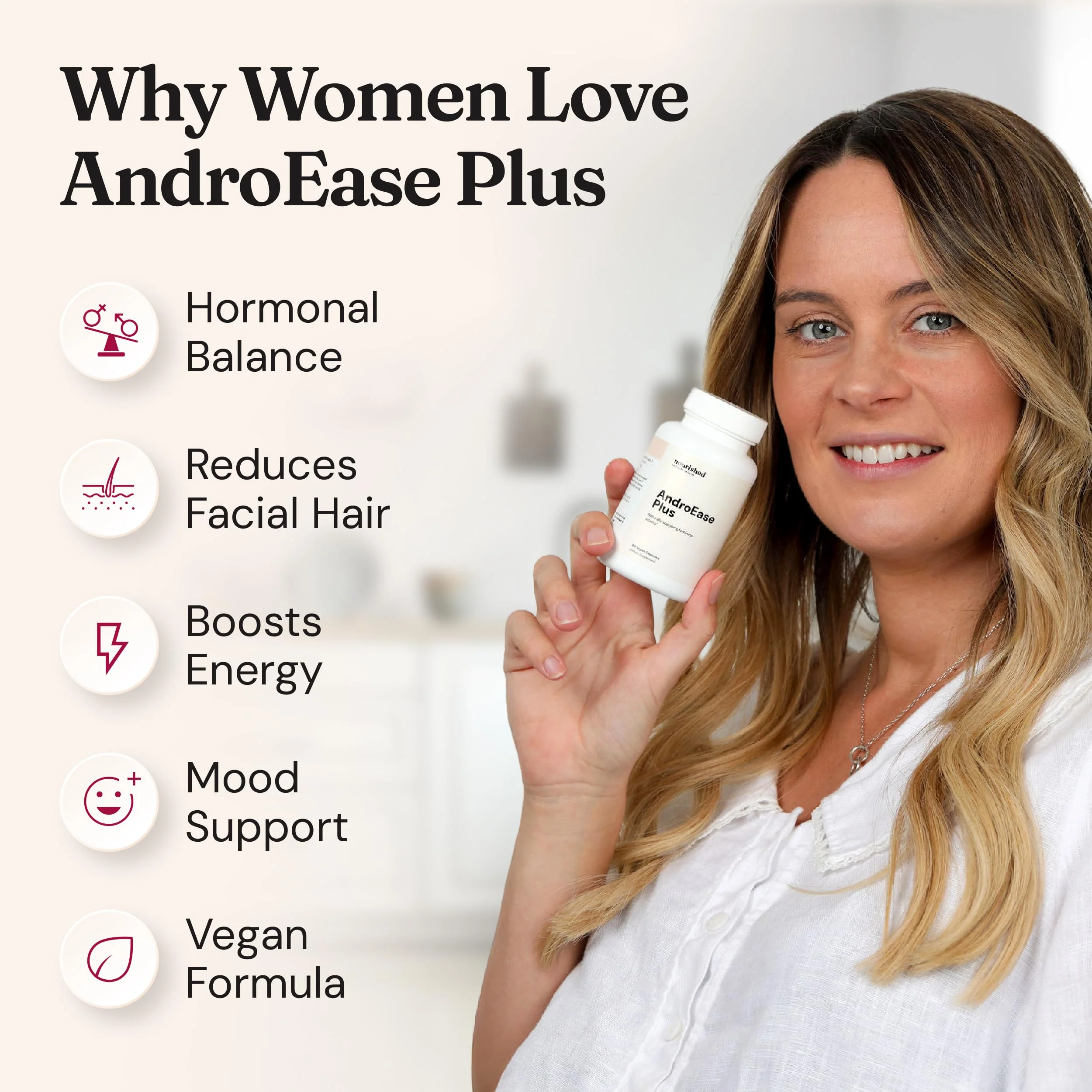 Nourished AndroEase Plus - Vegan Hormone Balance for Women - Zinc, Reishi, Green Tea and Saw Palmetto for Women - for Energy, Vitality, Facial Hair and Daily Wellness - 60 Capsules, Made in USA - Image 3
