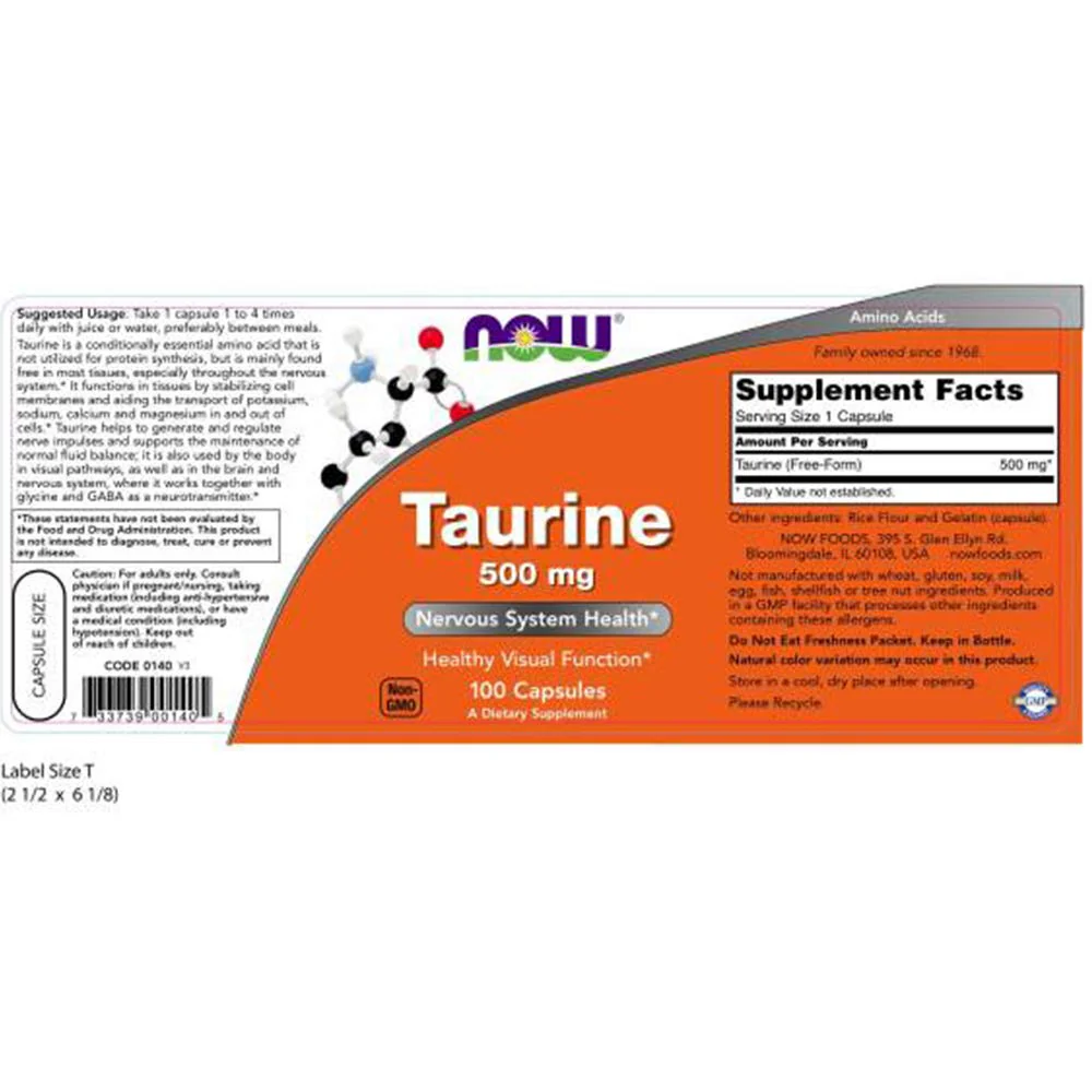 NOW Taurine 500mg, 100 Capsules (Pack of 3) - Image 2