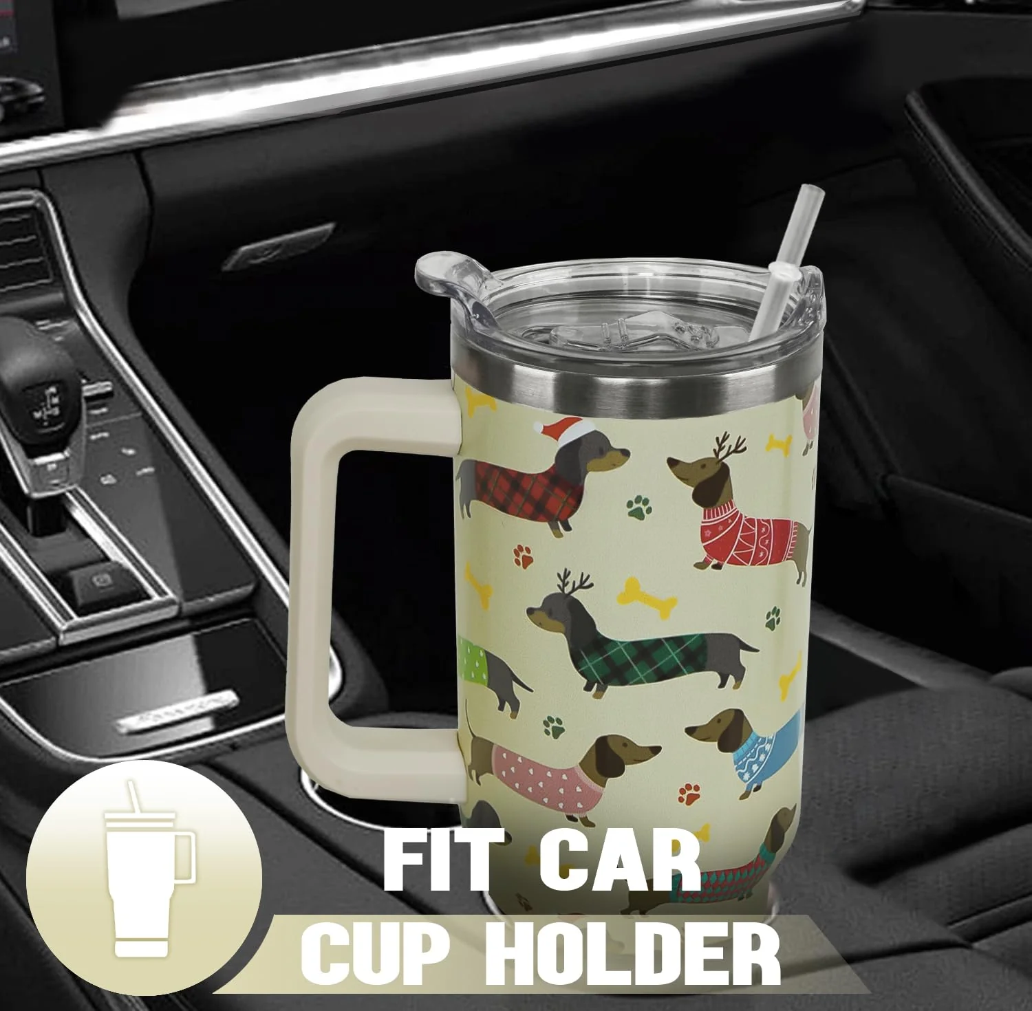 Nqhsionv Dachshund Tumbler with Handle and Straw 40 oz Christmas Cup Weiner Dog Coffee Travel Mug Stainless Steel Insulated Water Bottle Xmas Christmas Decor Gifts for Women - Image 3