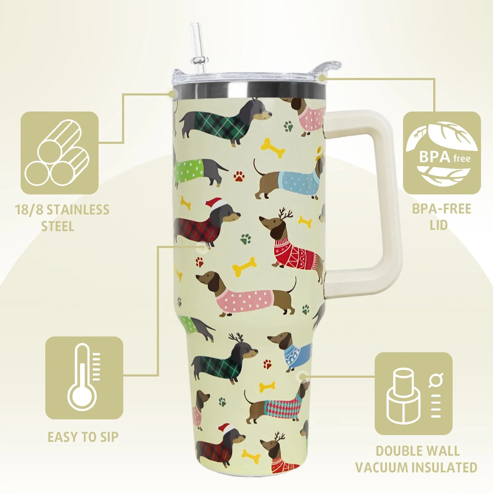 Nqhsionv Dachshund Tumbler with Handle and Straw 40 oz Christmas Cup Weiner Dog Coffee Travel Mug Stainless Steel Insulated Water Bottle Xmas Christmas Decor Gifts for Women - Image 4