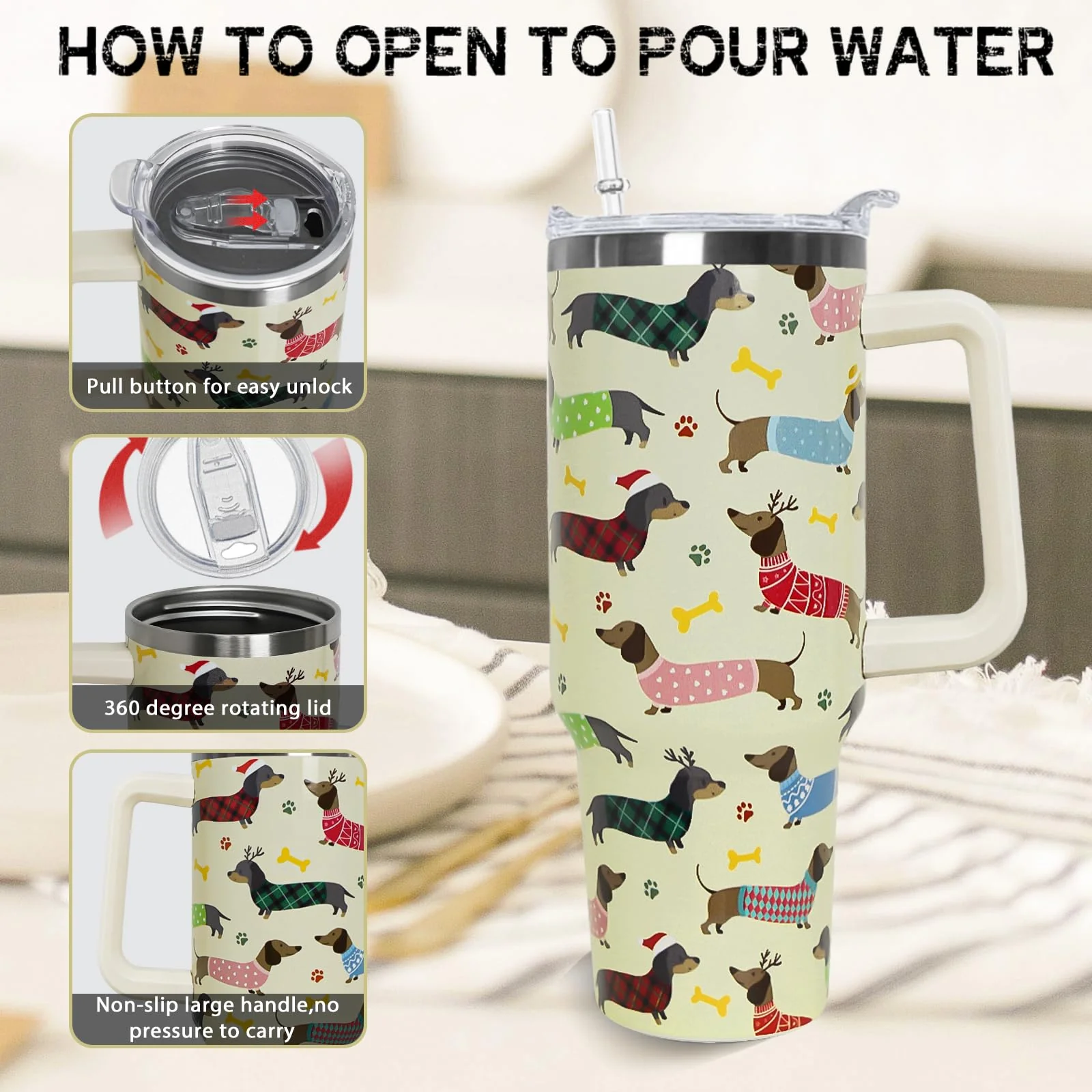 Nqhsionv Dachshund Tumbler with Handle and Straw 40 oz Christmas Cup Weiner Dog Coffee Travel Mug Stainless Steel Insulated Water Bottle Xmas Christmas Decor Gifts for Women - Image 5