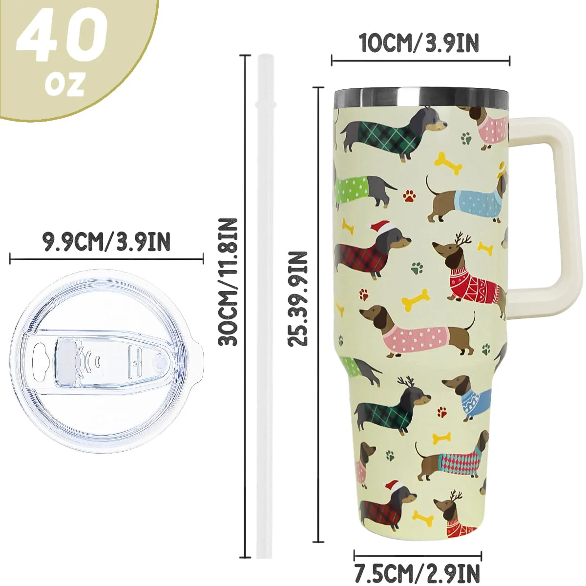 Nqhsionv Dachshund Tumbler with Handle and Straw 40 oz Christmas Cup Weiner Dog Coffee Travel Mug Stainless Steel Insulated Water Bottle Xmas Christmas Decor Gifts for Women - Image 7