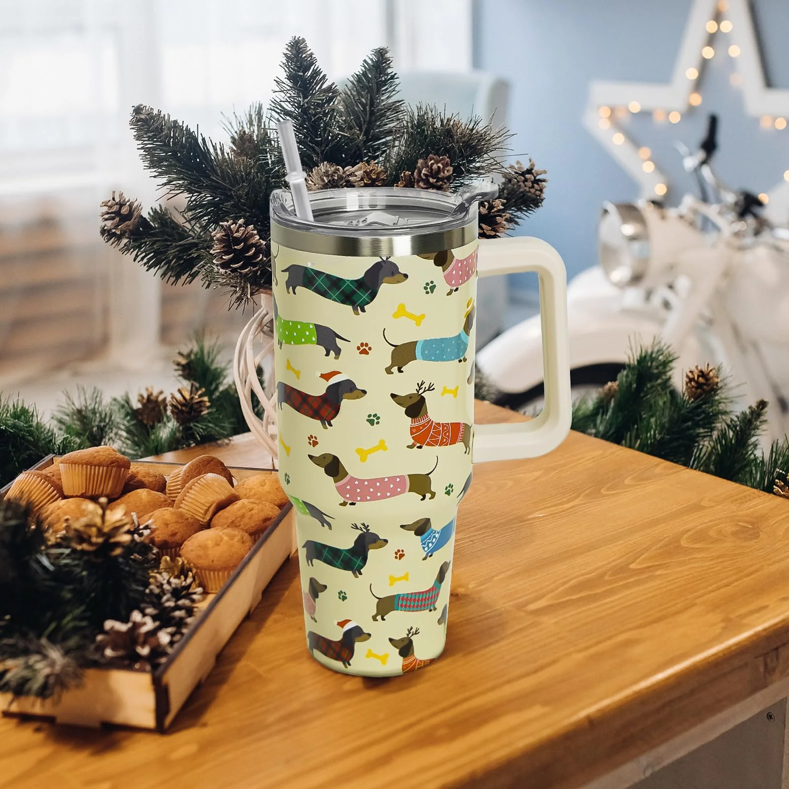 Nqhsionv Dachshund Tumbler with Handle and Straw 40 oz Christmas Cup Weiner Dog Coffee Travel Mug Stainless Steel Insulated Water Bottle Xmas Christmas Decor Gifts for Women - Image 8