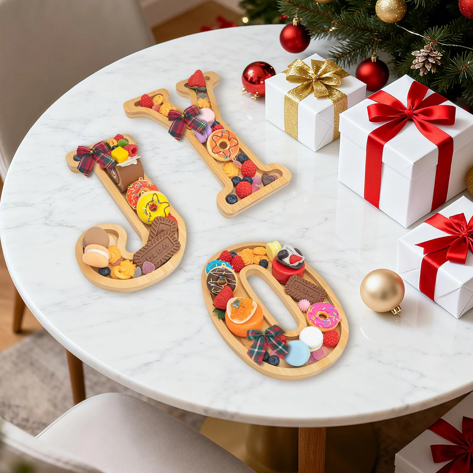 Nsoyos 3PCS Bamboo Christmas Decorations Letters Charcuterie Board Box-(with 14 Balloons and Bow) Joy Charcuterie Letters Fillable Food Christmas Party Supplies Table Decoration Food Tray Platter - Image 2