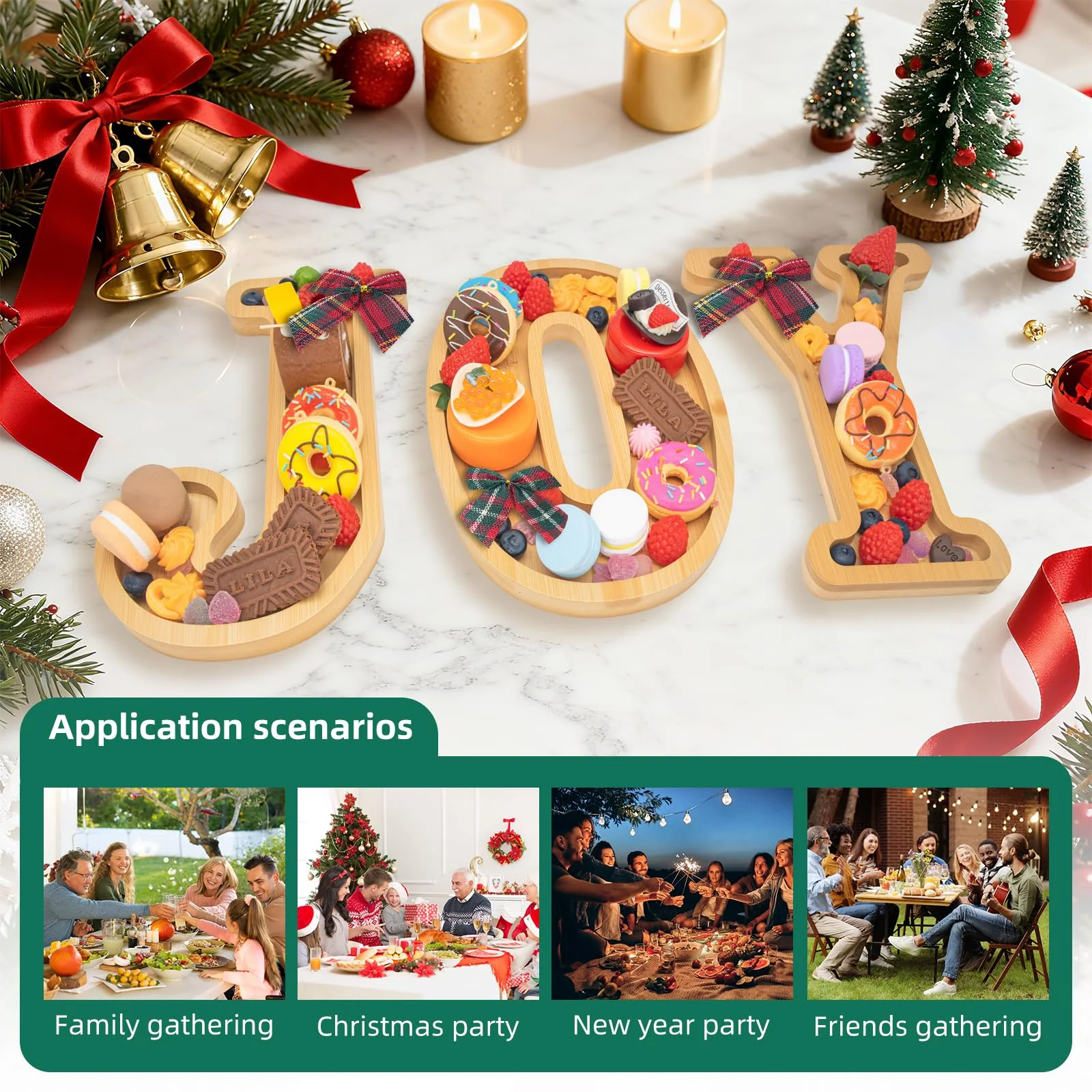 Nsoyos 3PCS Bamboo Christmas Decorations Letters Charcuterie Board Box-(with 14 Balloons and Bow) Joy Charcuterie Letters Fillable Food Christmas Party Supplies Table Decoration Food Tray Platter - Image 4