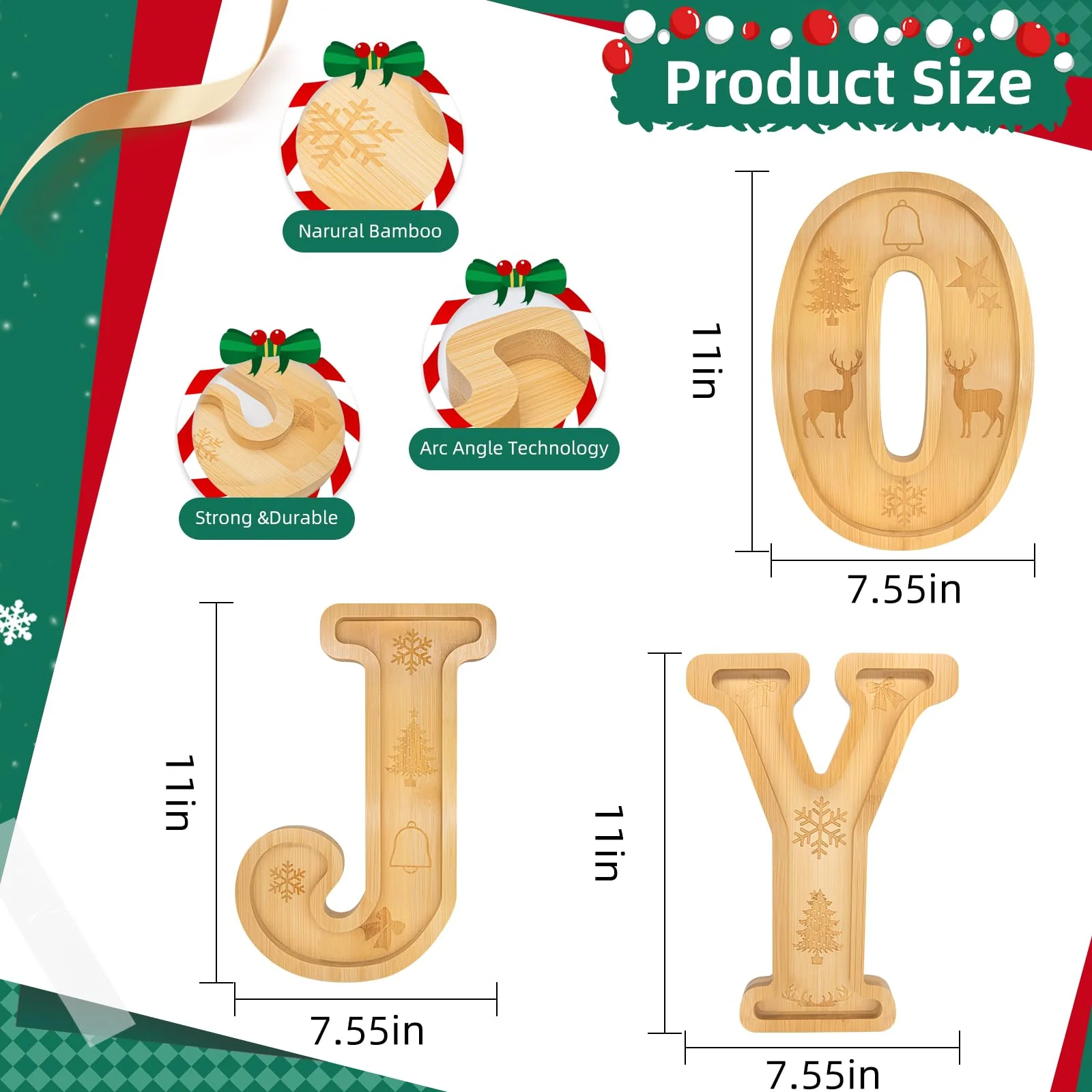 Nsoyos 3PCS Bamboo Christmas Decorations Letters Charcuterie Board Box-(with 14 Balloons and Bow) Joy Charcuterie Letters Fillable Food Christmas Party Supplies Table Decoration Food Tray Platter - Image 6