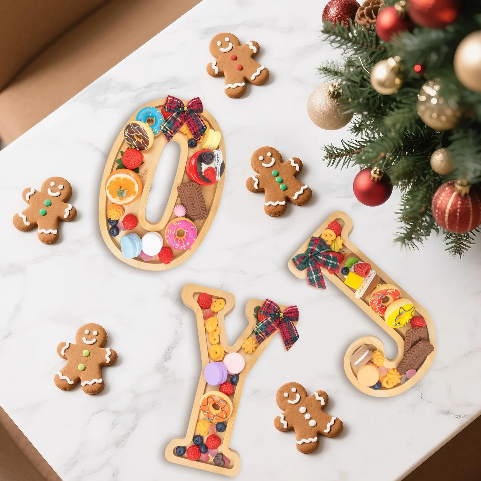 Nsoyos 3PCS Bamboo Christmas Decorations Letters Charcuterie Board Box-(with 14 Balloons and Bow) Joy Charcuterie Letters Fillable Food Christmas Party Supplies Table Decoration Food Tray Platter - Image 7