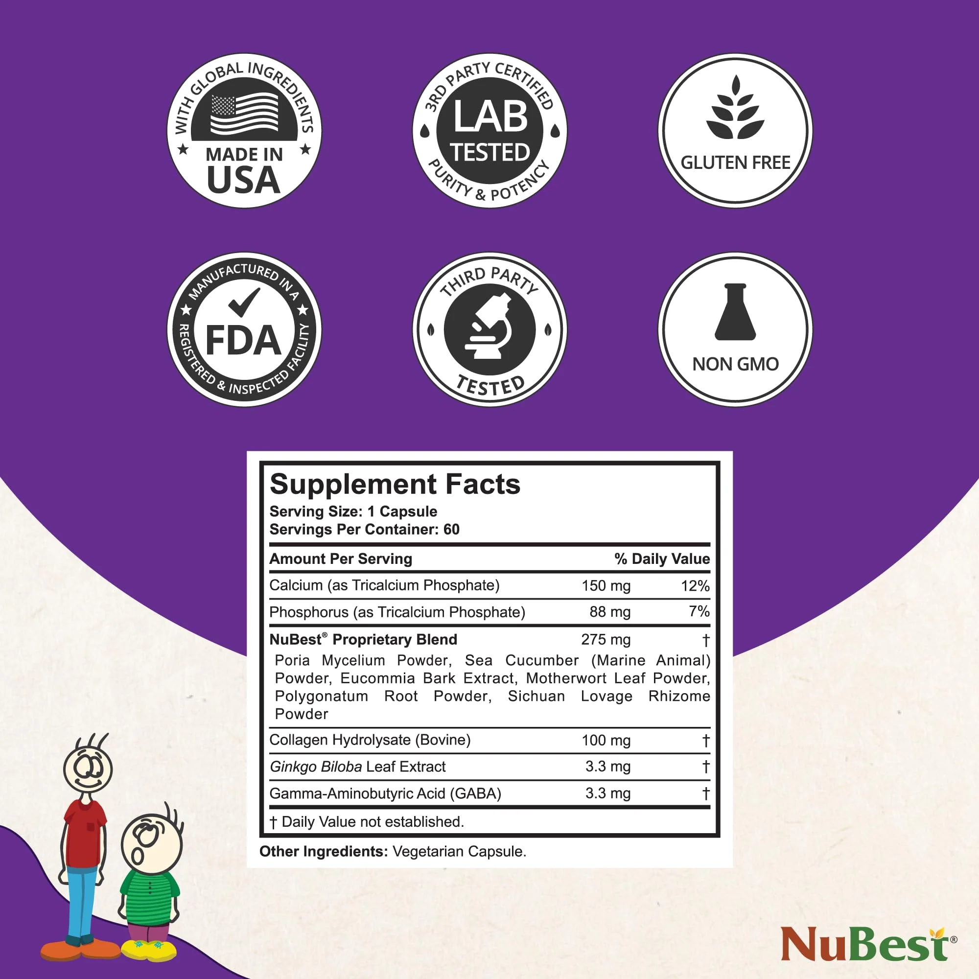 NuBest Tall - Premium Supplement for Bones, Teeth - Support Bone Strength, Enhanced Immunity for Ages 5+ with Calcium, Collagen Hydrolysate, GABA and Blended Herbs | 60 Capsules | 1 Month Supply - Image 8