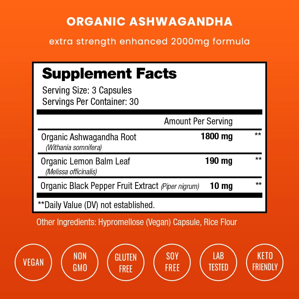 NutraChamps Organic Ashwagandha Capsules, 2000mg Adrenal Fatigue, Thyroid & Mood Support Ashwagandha Supplements, Ashwagandha Root Powder & Lemon Balm, Superior Absorption with Black Pepper - Image 5