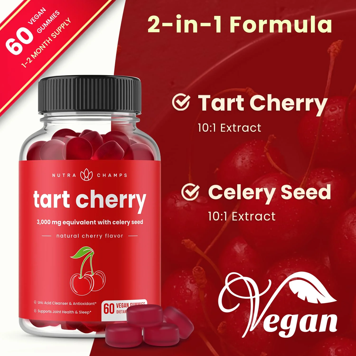 NutraChamps Tart Cherry Gummies - 3000mg Tart Cherry Extract with Celery Seed - Uric Acid Cleanse Supplement - Antioxidant, Joint Comfort, Flexibility, Immune Health, Sleep - 60 Vegan Gummies - Image 4