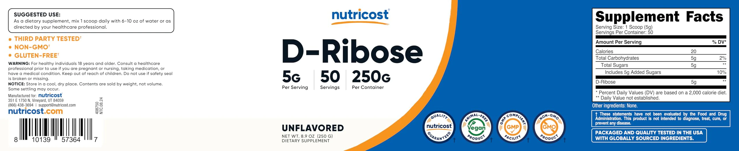 Nutricost D-Ribose Powder (250 Grams) - Image 2