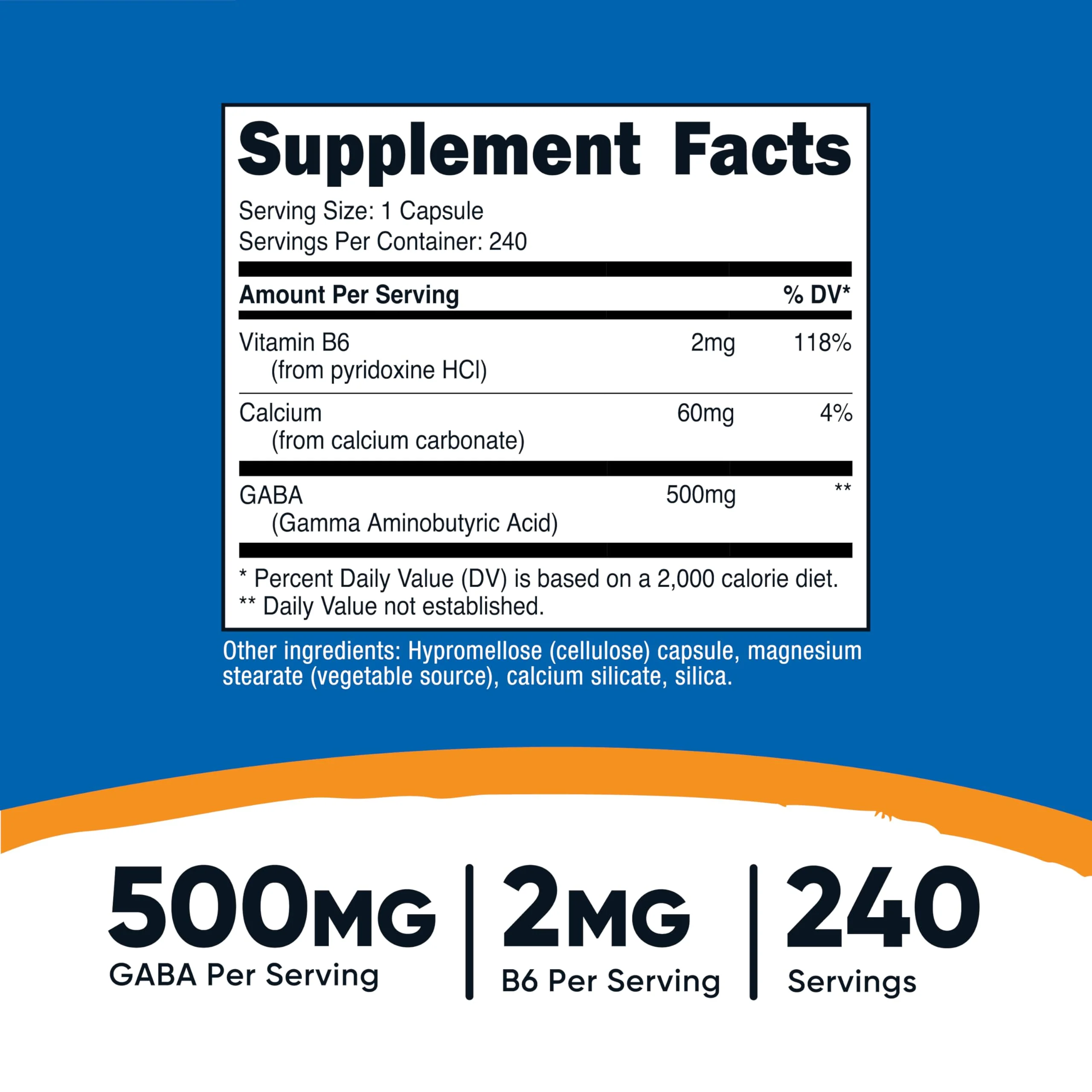 Nutricost GABA (Gamma Aminobutyric Acid) + Vitamin B6, 500mg per Serving, 240 Capsules - Image 5