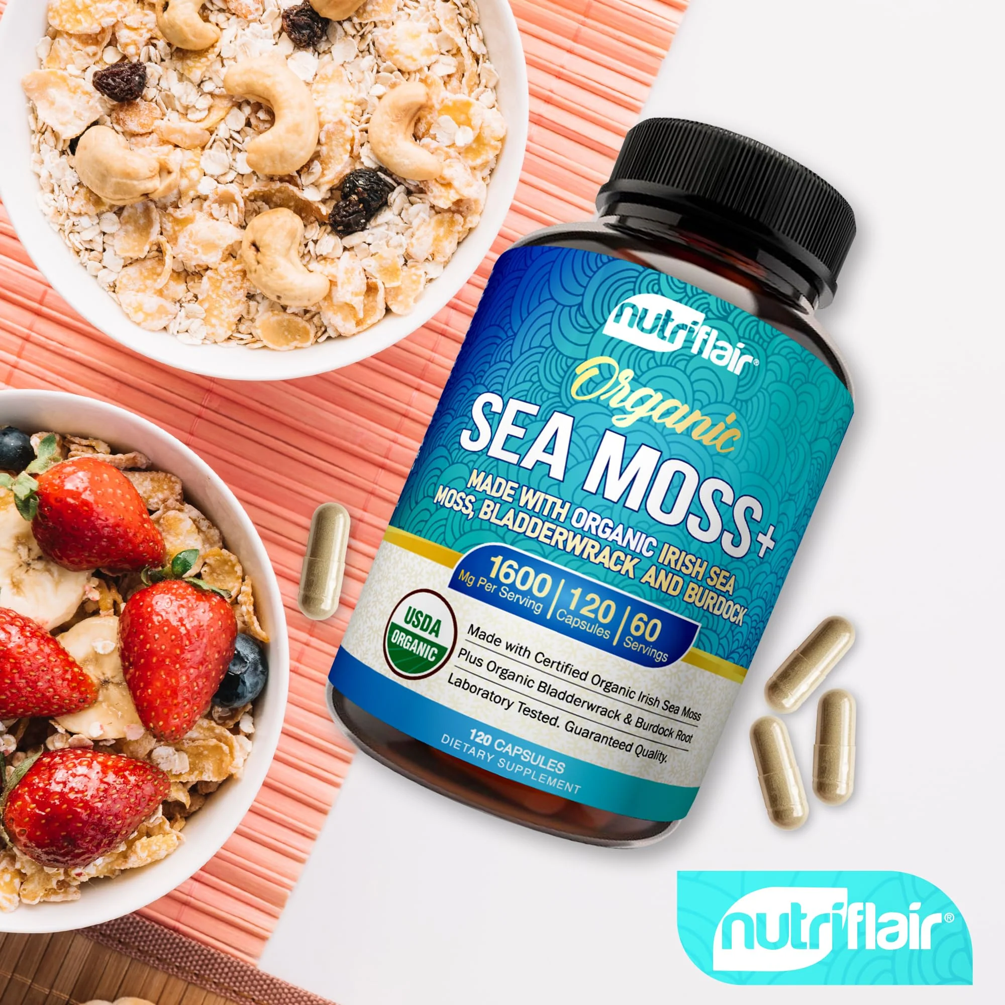 NutriFlair Organic Irish Sea Moss 1600mg, 120 Capsules Plus Bladderwrack & Burdock - Prebiotic Super Food - Immune System & Digestive Health - Thyroid, Healthy Skin, Keto Detox, Gut - Image 2