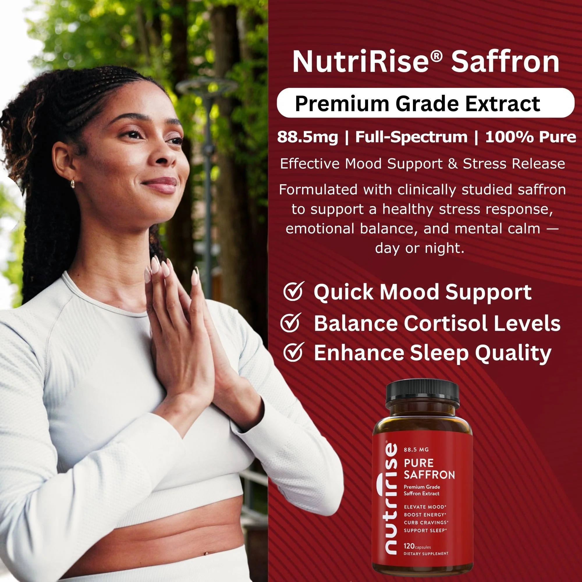 NutriRise Saffron Supplements 120 Capsules, 88.5mg Pure Extract - 4 Month Supply for Mood, Energy, Sleep, Stress & Cortisol Support - Non-GMO, Vegan & Gluten-Free for Women & Men - Image 5