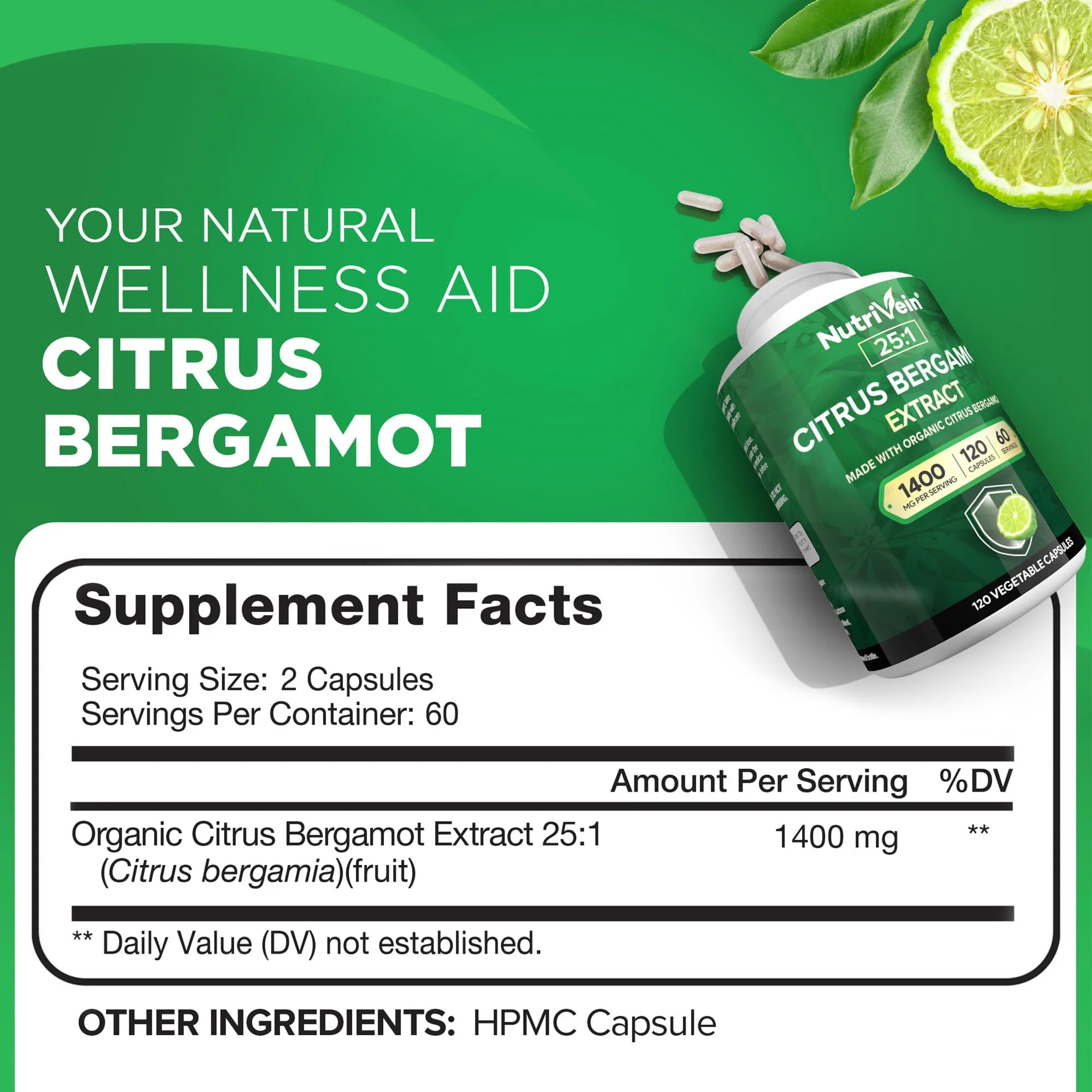 Nutrivein Premium Citrus Bergamot Supplement 1400mg 25:1 Bergamia Extract - 60 Day Supply (120 Capsules): Powerful Italian Citrus Bergamot 1400 mg+ High Concentration - Heart and Circulatory System - Image 7