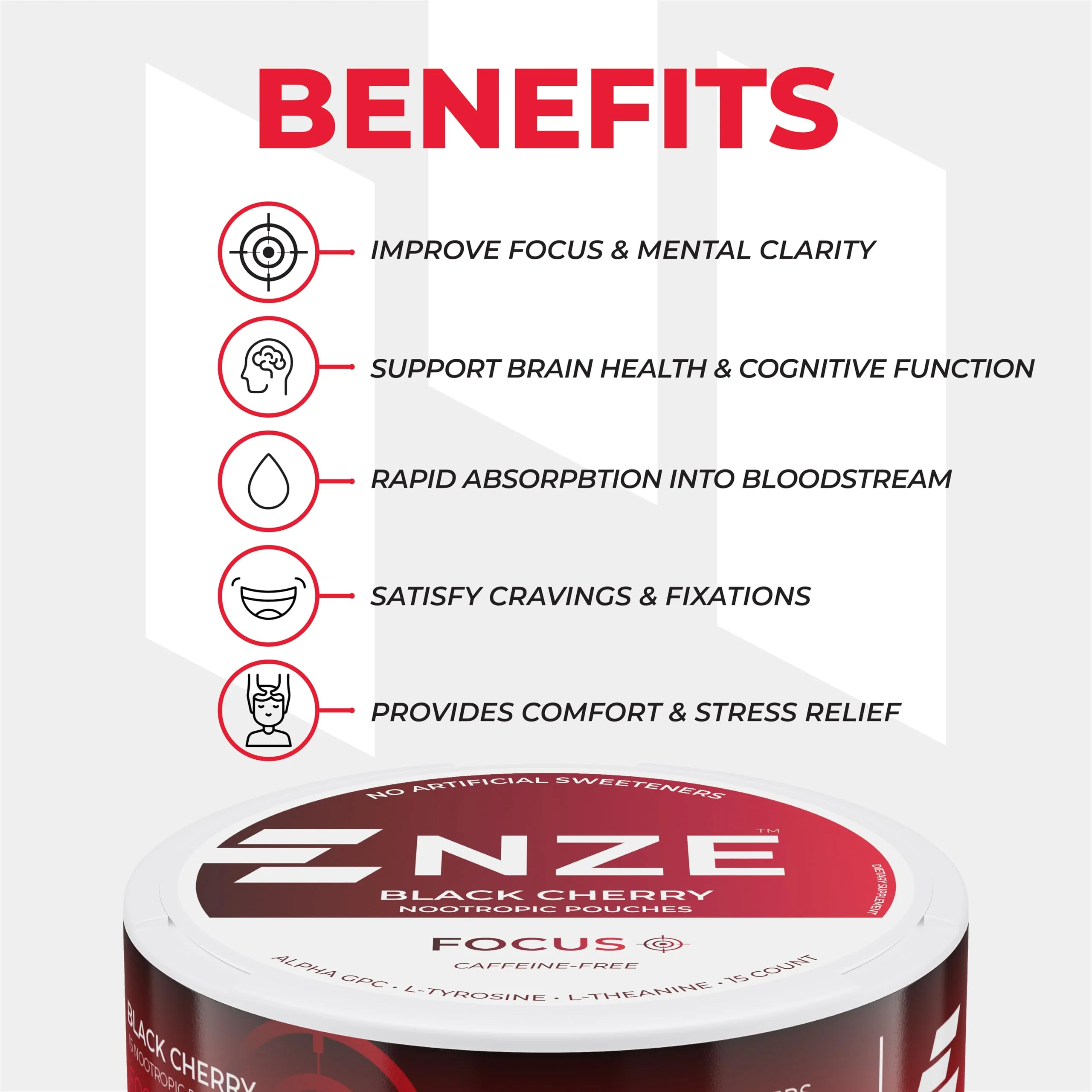 NZE Caffeine Free Nootropic Pouches (Black Cherry) - Nootropic Pouches with Alpha GPC, L-Tyrosine & L-Theanine - No Sugar or Artificial Sweeteners - 15 Pouches Per Can - 5 Pack - Image 6