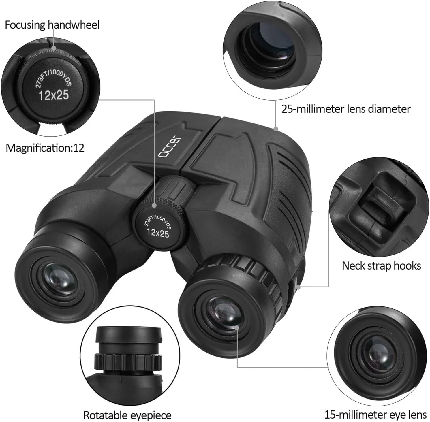 Occer Prismáticos compactos de 12 x 25 para adultos y niños, ocular grande impermeable con visión de poca luz, binoculares de fácil enfoque de alta potencia para observación de aves, caza al aire - Image 4