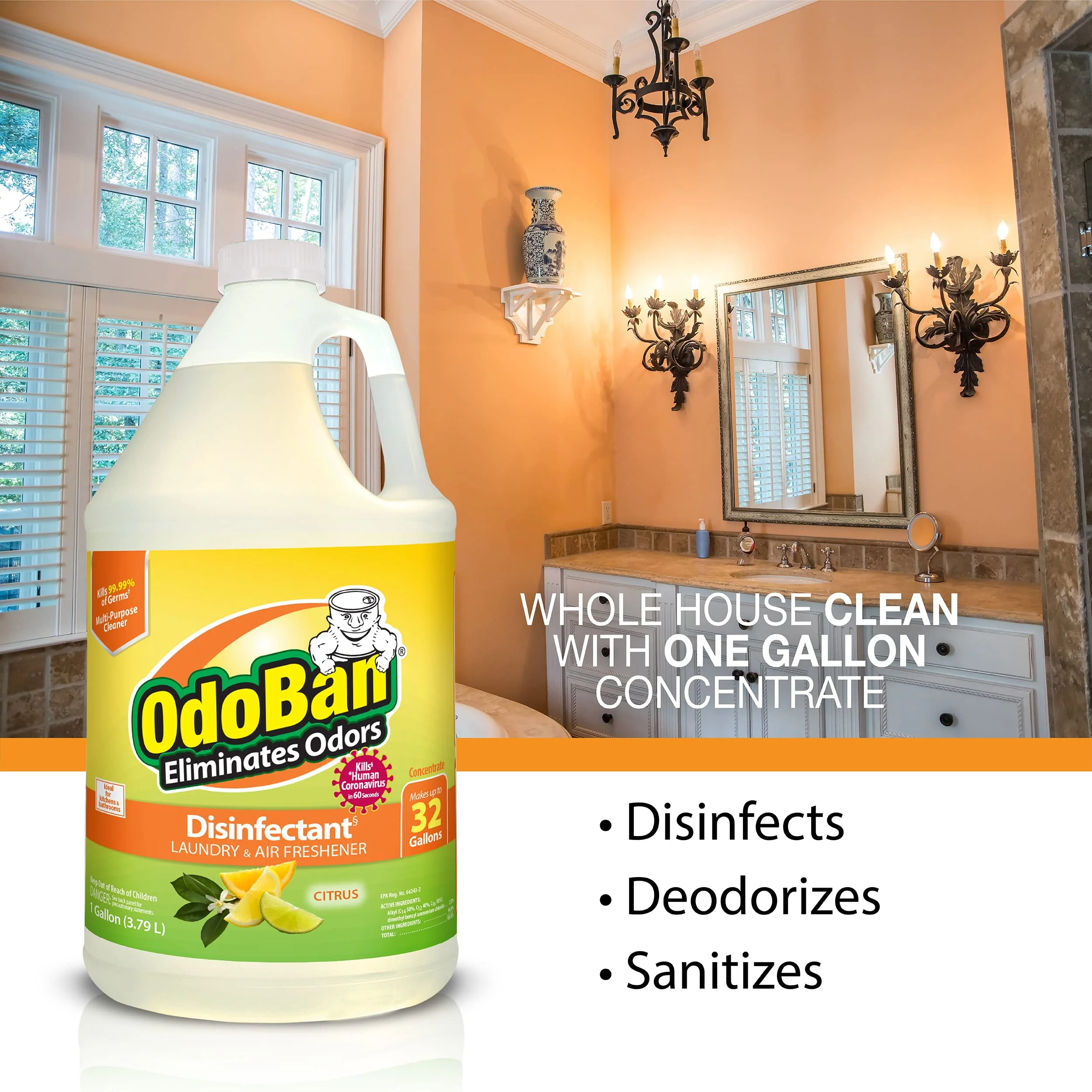 OdoBan Ready-to-Use Disinfectant and Odor Eliminator, Made in the USA, Citrus Scent, Set of 2, 32 oz Spray and 1 Gallon Concentrate - Image 8