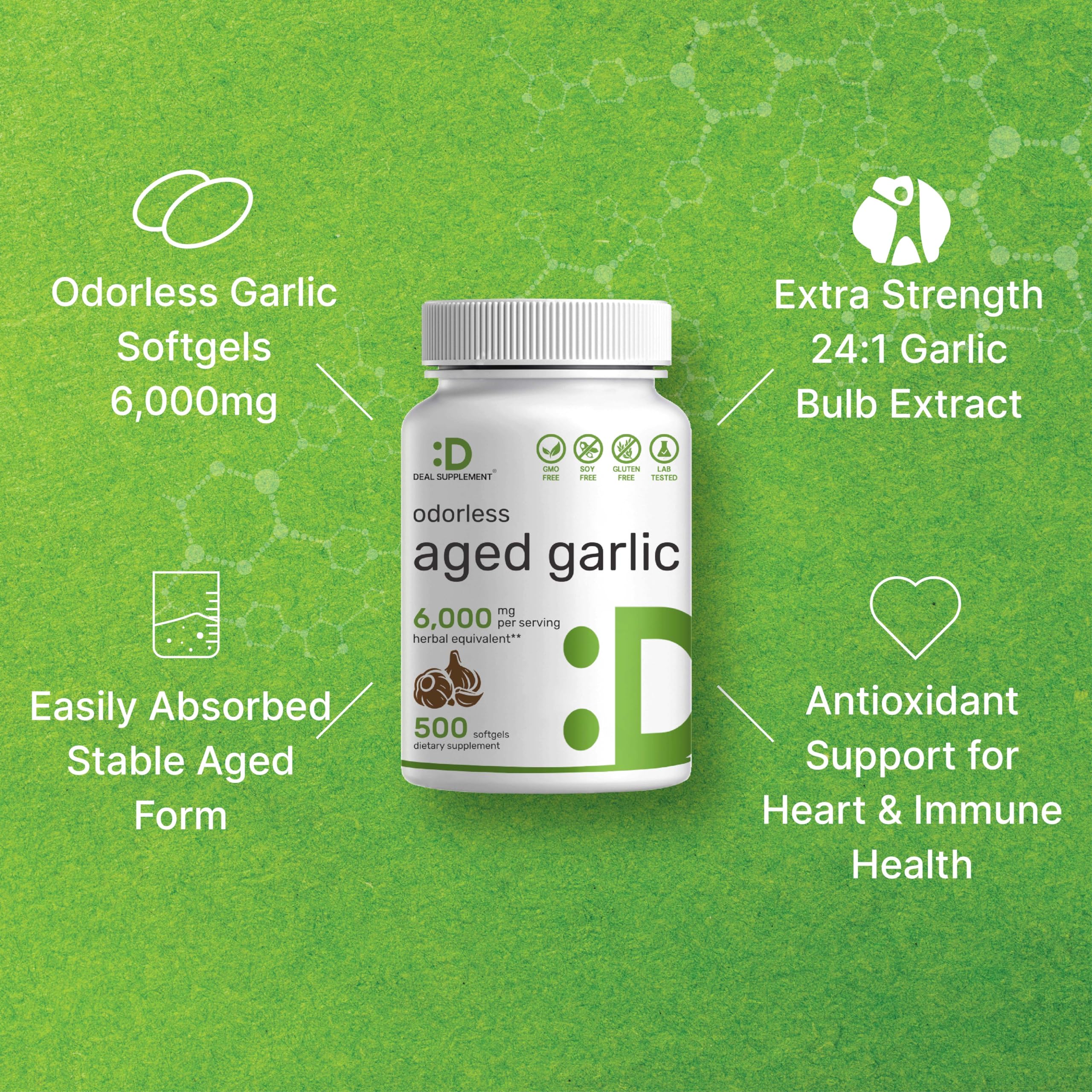 Odorless Aged Garlic Pills, 6,000mg Per Serving, 500 Softgels – 24:1 Garlic Oil Extract – Fresh Allium Sativum Bulb Source – Heart & Immune Antioxidant Supplements – Non-GMO - Image 3