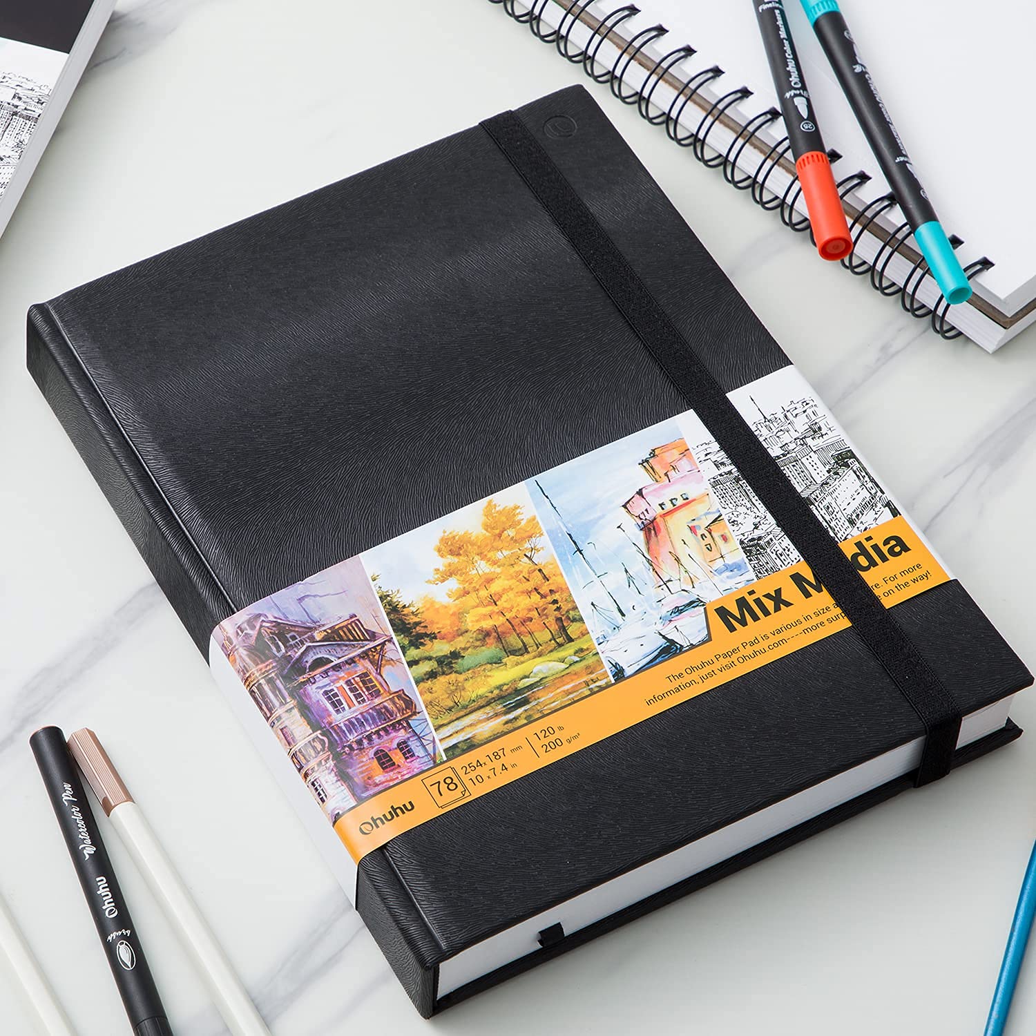 Ohuhu Mix Media Pad - 10"x7.4" Mixed Media Art Sketchbook, 120 lb/200 gsm Heavyweight Papers, 78 Sheets/156 Pages, PU Hardcover Mixed Media Paper Pad for Acrylic Painting Christmas Gift - Image 2