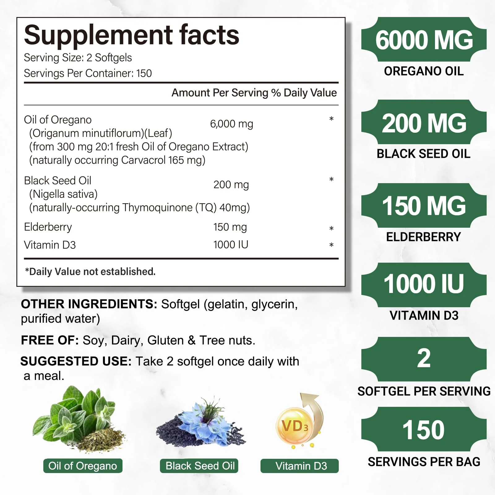 Oil of Oregano, 300 Softgel, 4-in-1 Oil of Oregano with Black Seed Oil, Vitamin D3 & Elderberry, Organic Oregano Oil Capsules, 4X Strength Carvacrol & Thymoquinone, Non-GMO - Image 4